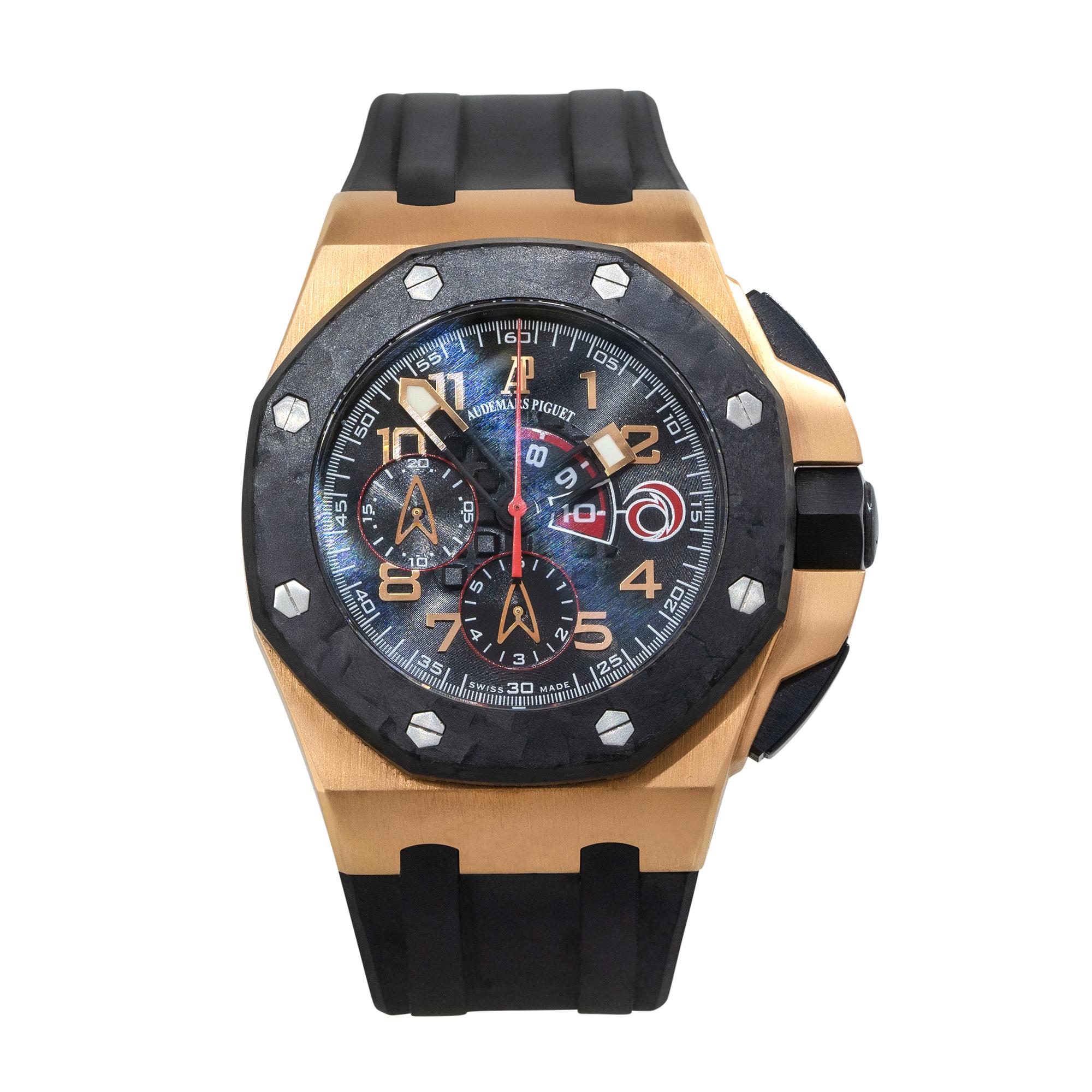 Brand: Audemars Piguet
Model: Royal Oak Offshore Alinghi Team limited edition No. 042/600
Case Material: 18k Rose Gold
Case Diameter: 44mm
Crystal: Sapphire
Bezel: Carbon bezel
Dial: Black Chronograph Dial
Bracelet: Audemars Piguet factory black