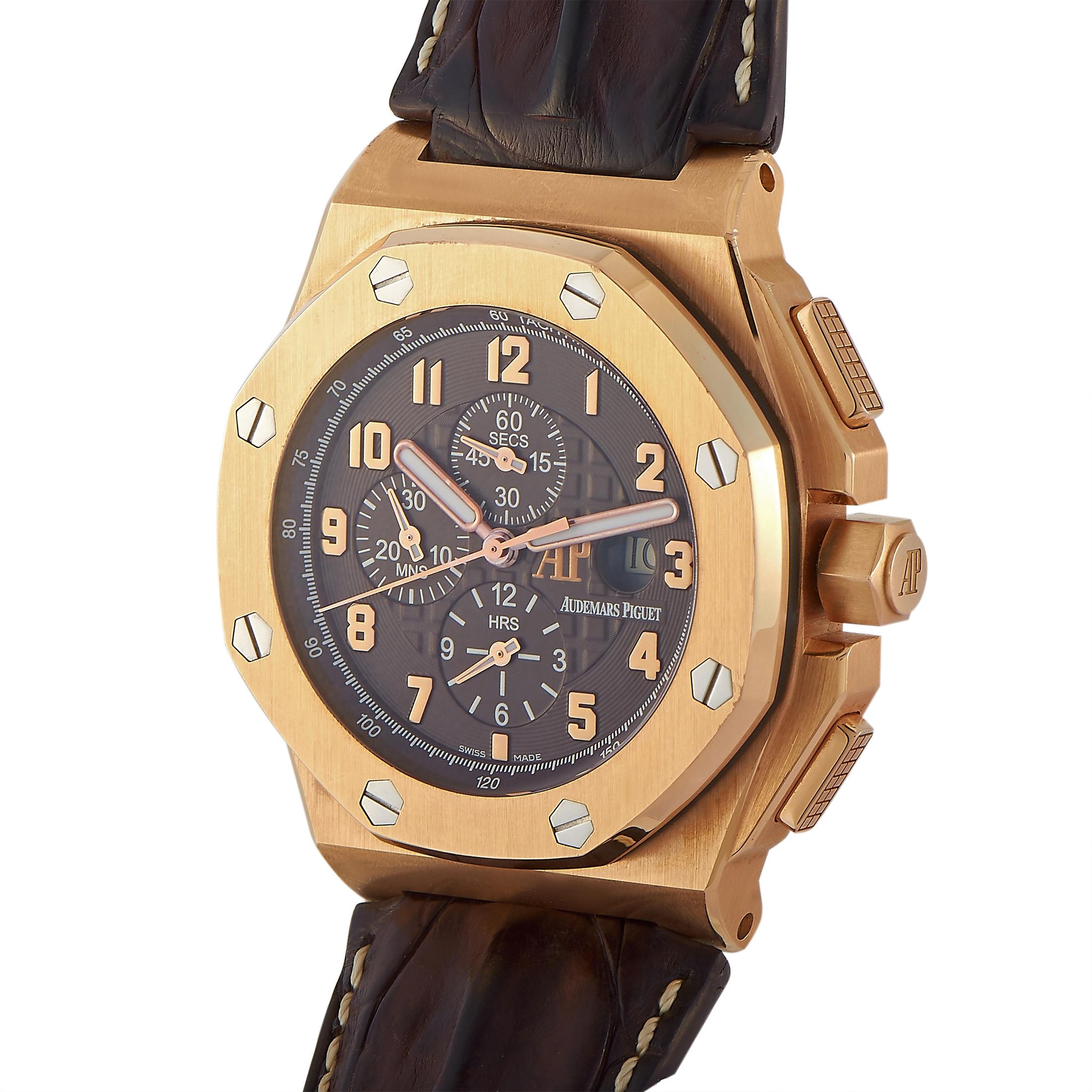 Treat someone you love to this limited edition Audemars Piguet Royal Oak Offshore Men's Chronograph Watch 26158OR.OO.A801CR.01. Designed in honor of Arnold Schwarzenegger's After-School All Stars Foundation, this timepiece displays a heavy-duty,