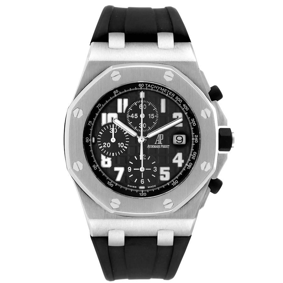 Audemars Piguet Royal Oak Offshore Black Dial Chronograph Watch 26170ST. Automatic self-winding movement. Stainless octagonal case 42 mm in diameter. Case thickness: 14.2 mm. Solid case back. Black rubber-clad screw-down crowns. Stainless steel