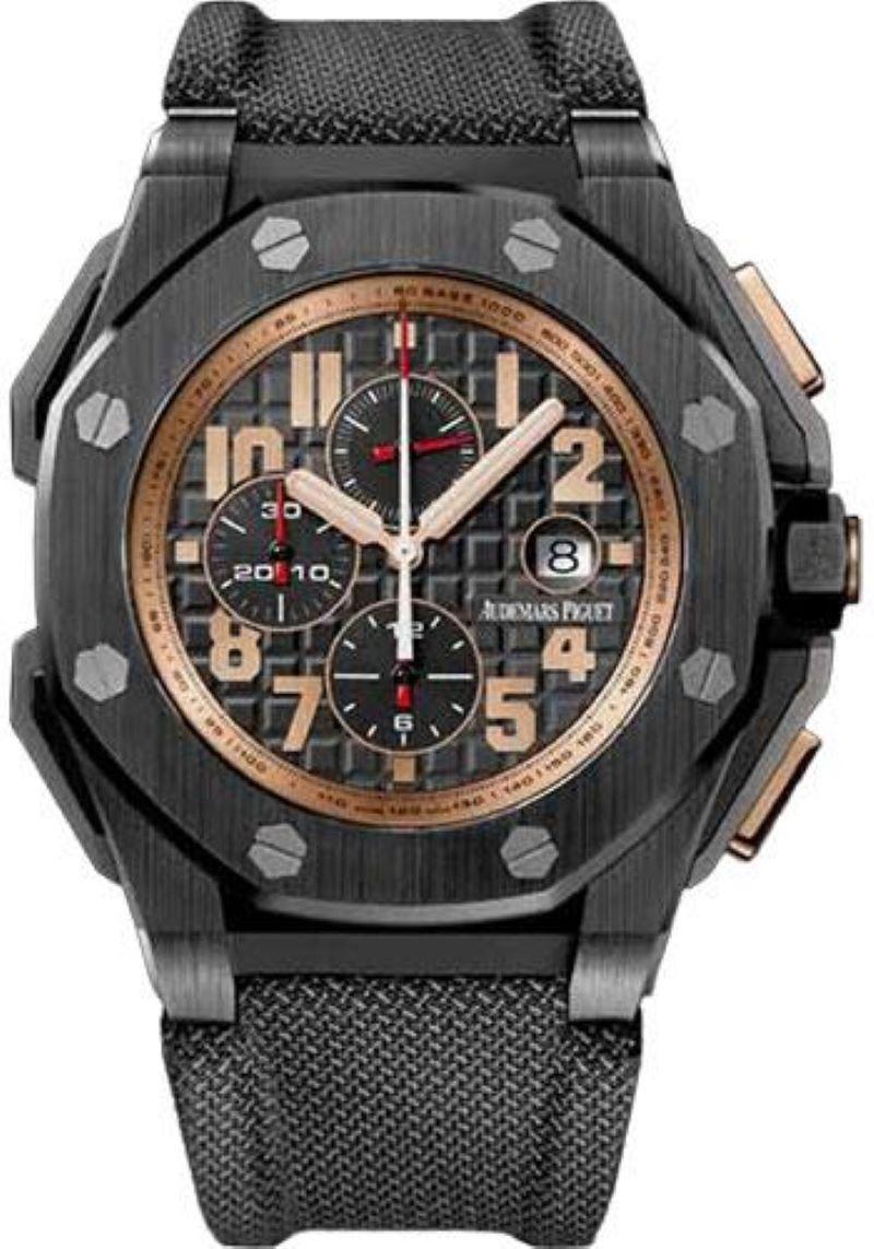 48mm black ceramic case with 18K red gold pushpieces, Royal Oak Offshore Arnold Schwarzenegger The Legacy engraved beadblasted titanium back, black dial with Méga Tapisserie motif, self-winding Calibre 2326/2840 movement with chronograph function,