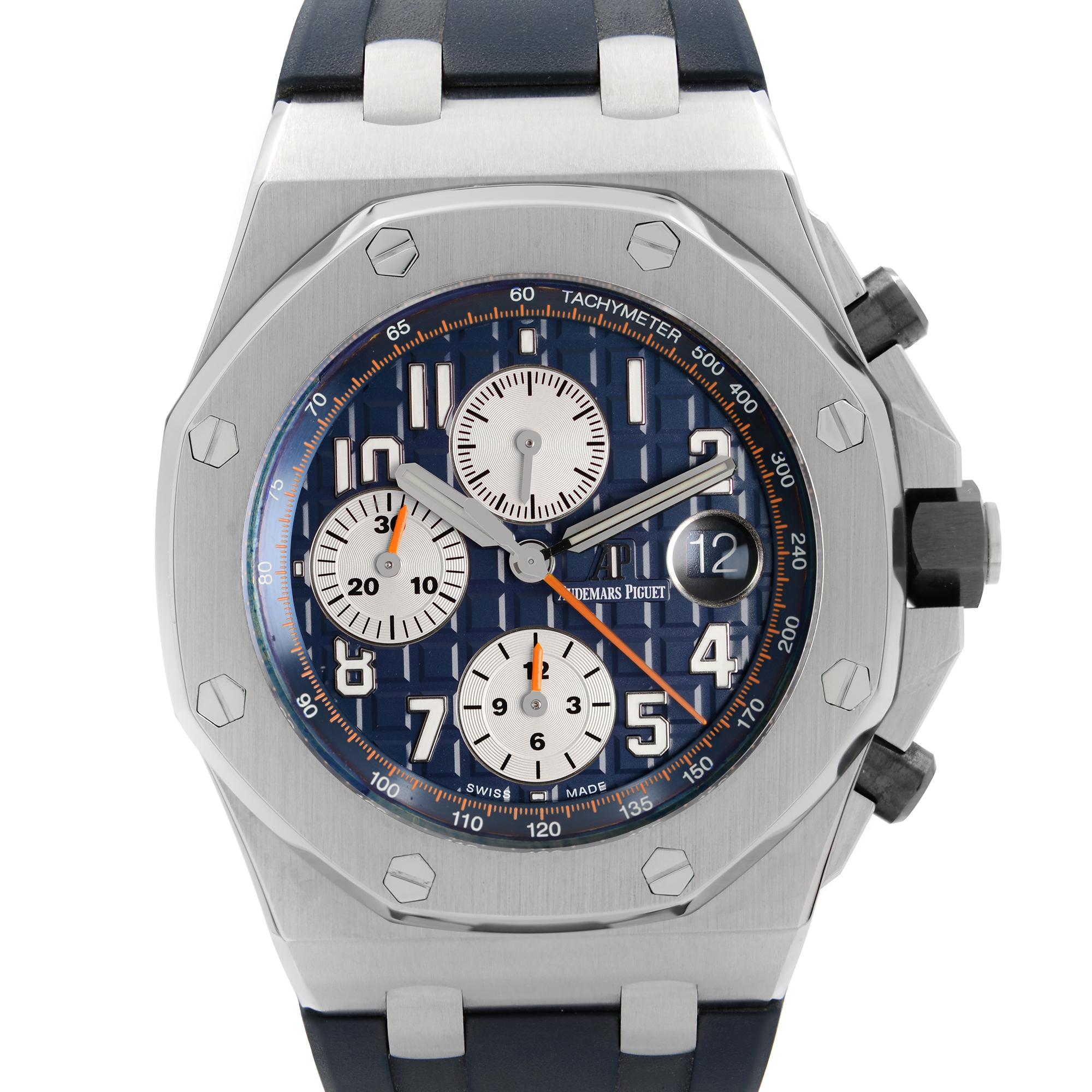 Pre-Owned Audemars Piguet Royal Oak Offshore 42 mm Stainless Steel Blue Dial Men's Automatic Watch 26470ST.OO.A027CA.01. Bezel Inner ring has discoloration on edges and inner Bezel ring recolored during service. The Watch comes with a 2015 card.