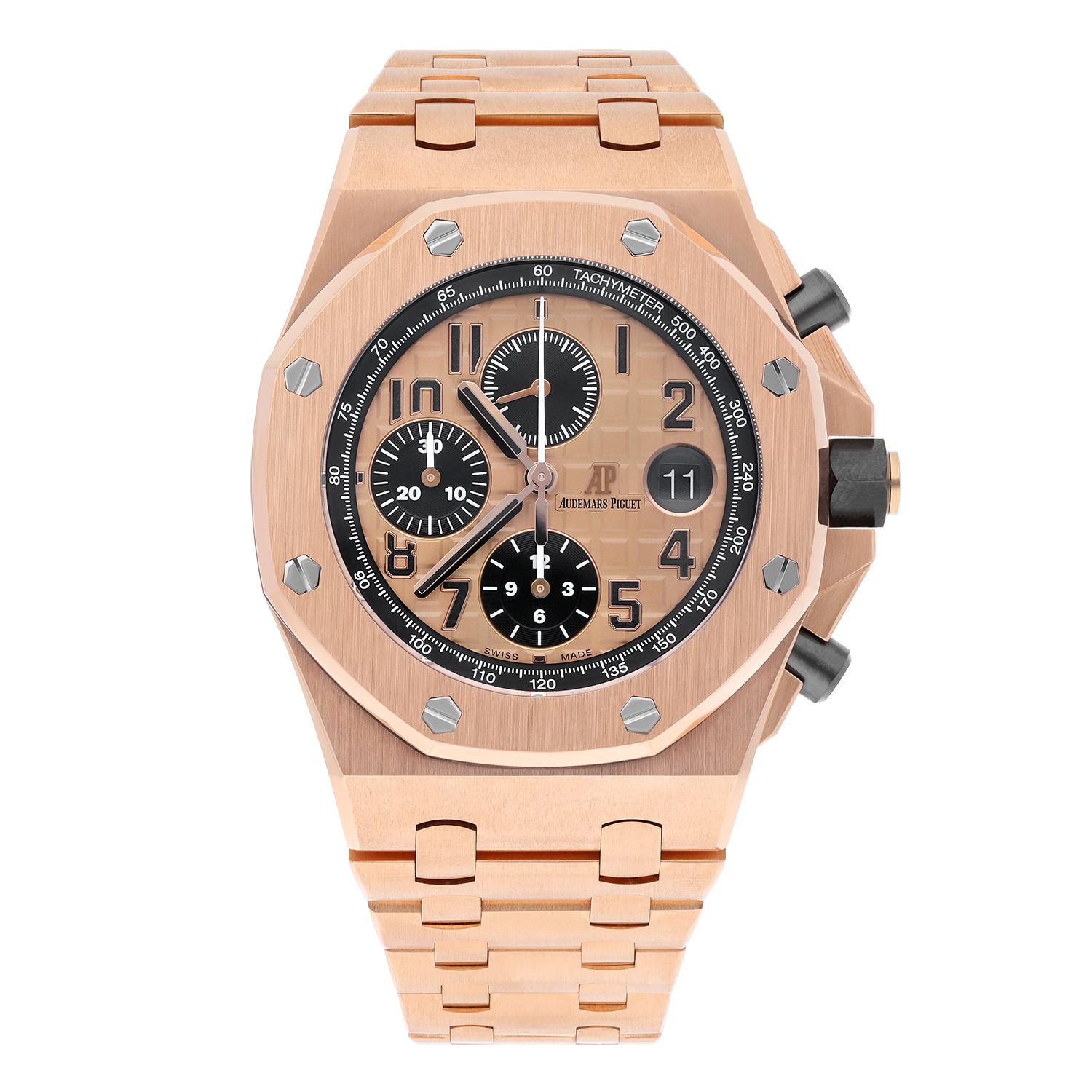 Introducing the Audemars Piguet Royal Oak Offshore Chronograph 26470OR.OO.1000OR.01 – an exquisite timepiece meticulously crafted in 18kt rose gold, complete with its original box and papers. In an impeccable mint condition, this watch epitomizes