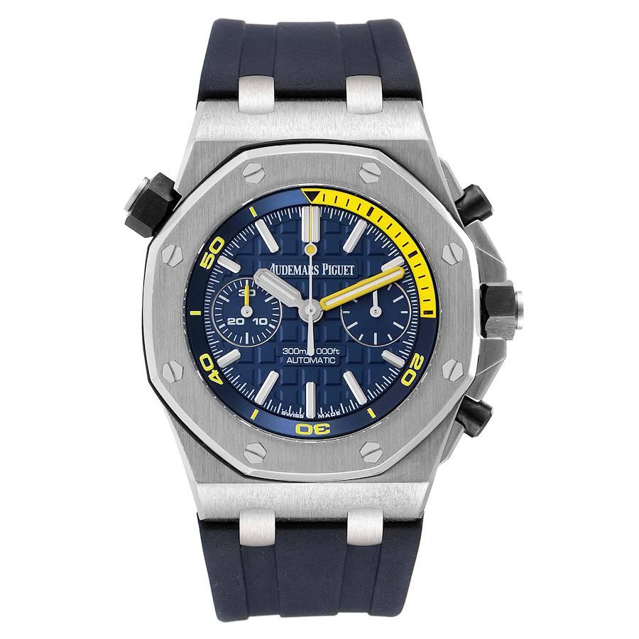 Audemars Piguet Royal Oak Offshore Chronograph Blue Dial Mens Watch 26703ST. Automatic self-winding movement. Stainless hexagonal case 42 mm in diameter. Case thickness: 14.75 mm. . Black ceramic screw-locked crowns. Transparent exhibition sapphire