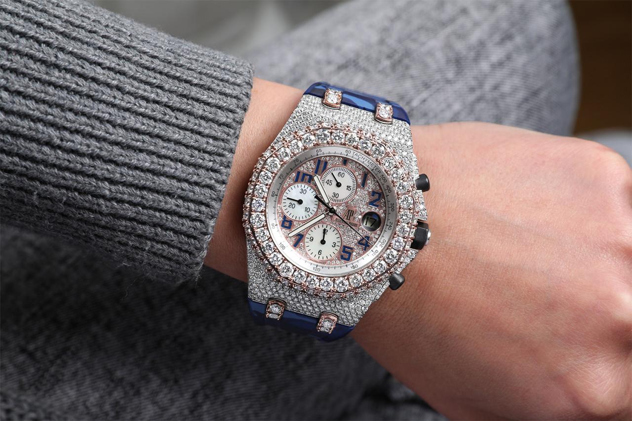 Audemars Piguet Royal Oak Offshore Chronograph Fully Iced Out Custom Two Tone Rose Watch Blue Camo Strap 25721ST.OO.1000ST.09

This watch comes with a LIFETIME diamond replacement warranty. We are so confident in our diamonds setters that if any of
