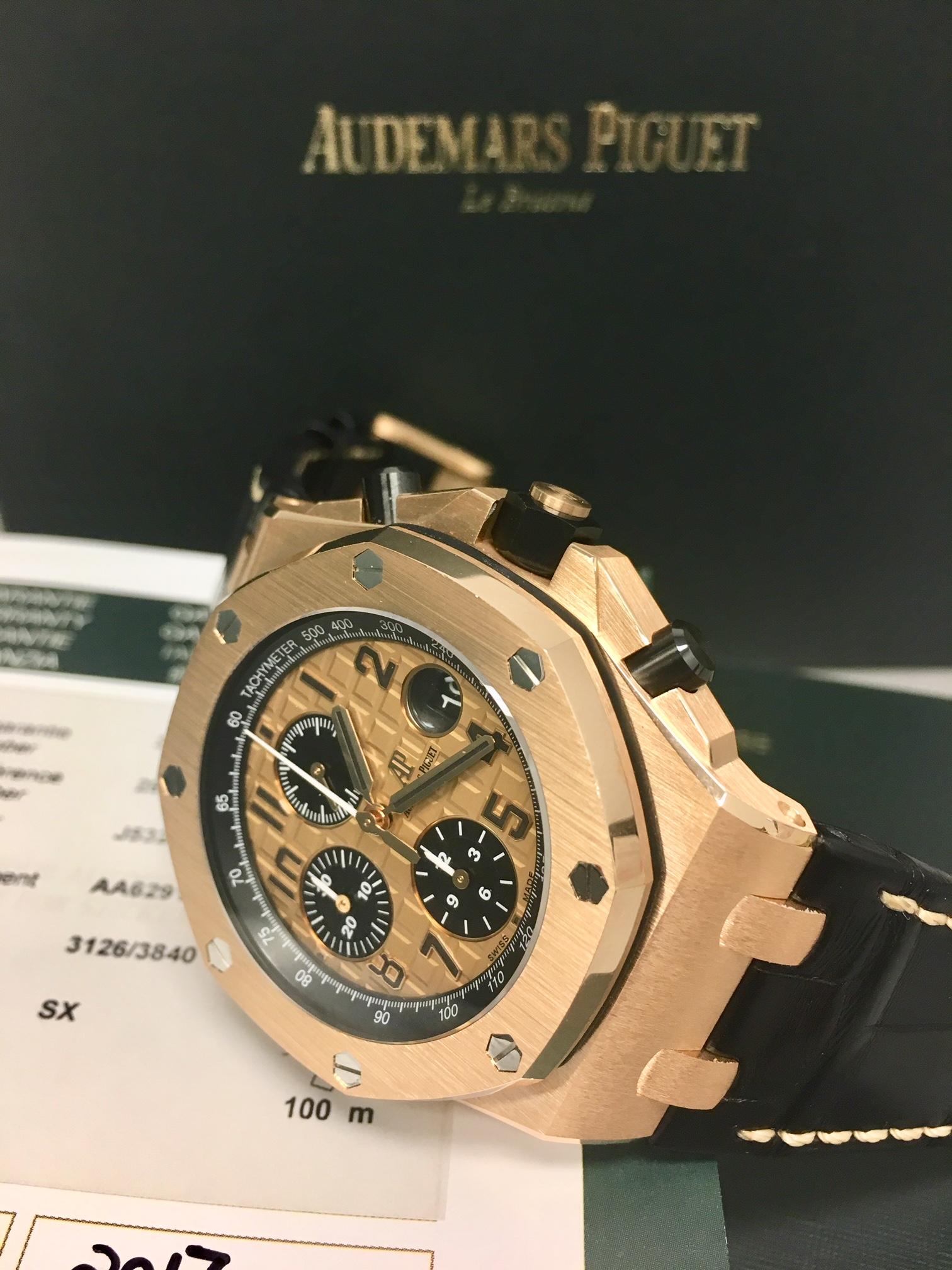 Audemars Piguet Royal Oak Offshore Chronograph Model 26470OR.OO.1.A002CR. Never Worn Mens Automatic wrist watch. A. P. Caliber 3126 / 3840 Automatic Winding Movement with chronograph, hours, minutes, small seconds, date and approximately 50 hours of