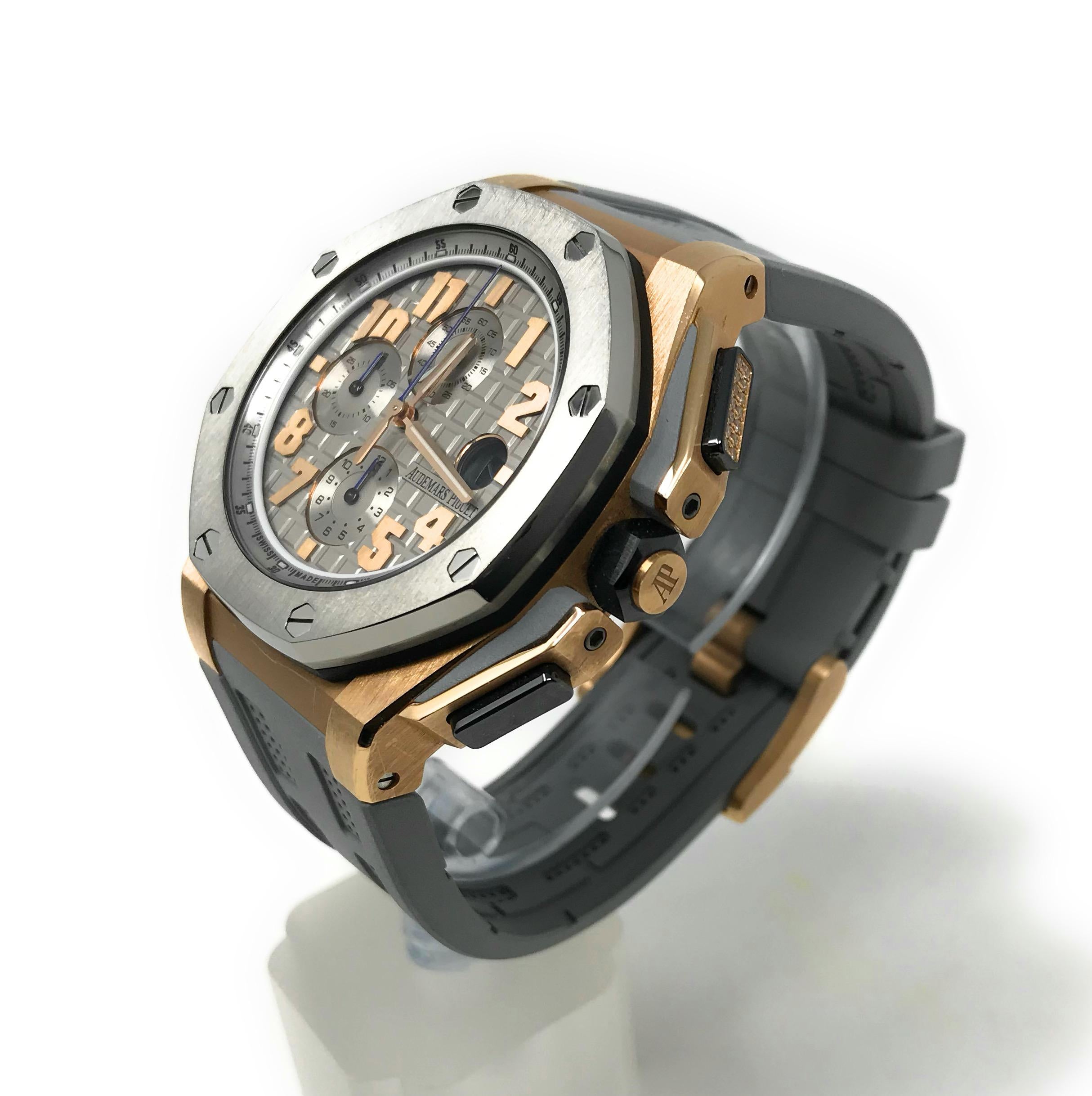 Royal Oak Offshore Chronograph Lebron James.
Limited Edition of 600
Selfwinding Chronograph with date display and small seconds at 12 o’clock. 18 karat pink gold case, titanium bezel. 
Reference # 26210OI.OO.A108CR.01
Serial # I*****
Year: