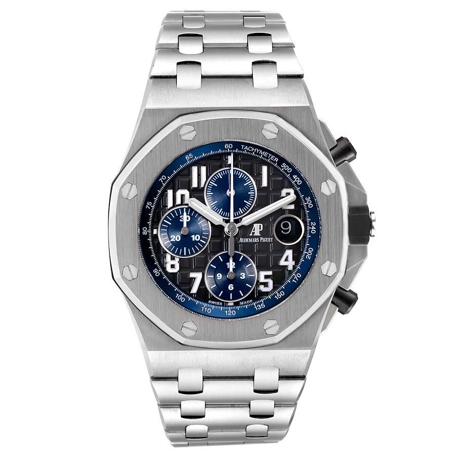 Audemars Piguet Royal Oak Offshore Chronograph Mens Watch 26470ST Box Card. Automatic self-winding chronograph movement. Stainless octagonal case 42 mm in diameter. Exhibition sapphire crystal case back. Black ceramic crown with a brushed stainless