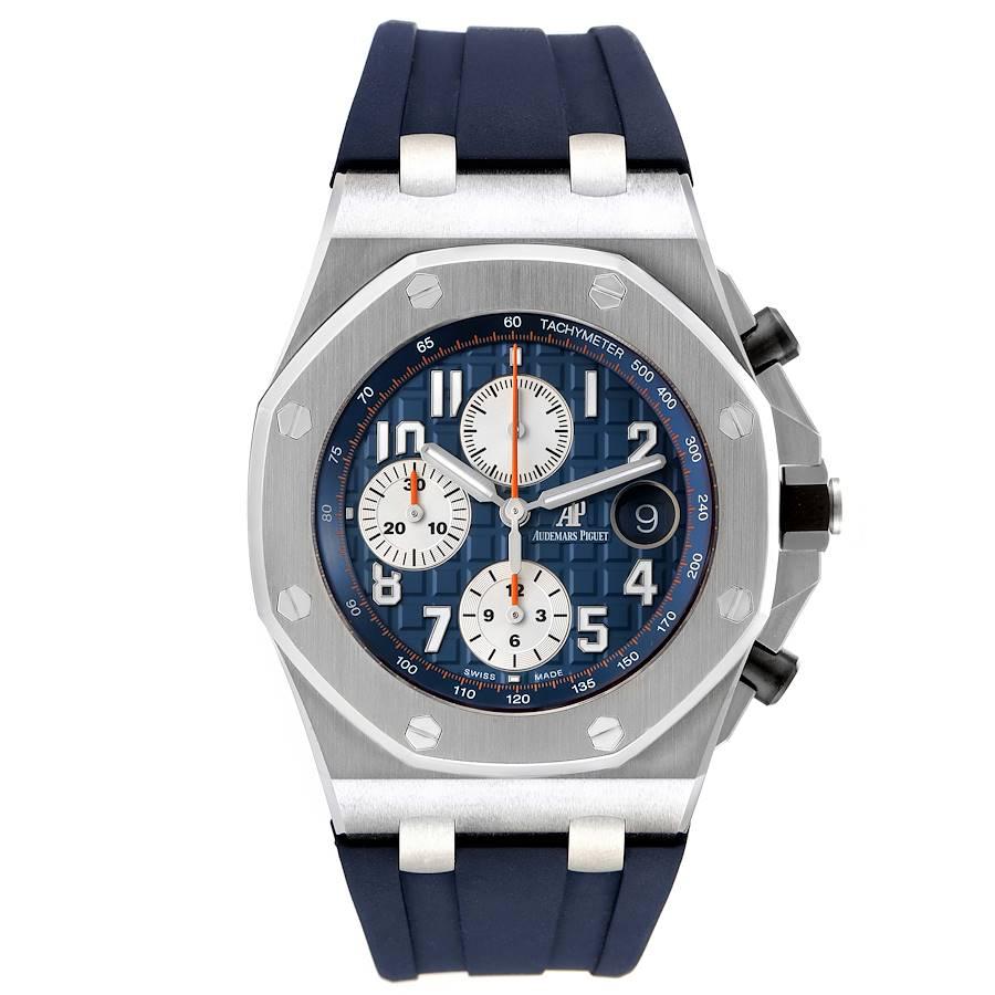Audemars Piguet Royal Oak Offshore Chronograph Mens Watch 26470ST. Automatic self-winding chronograph movement. Stainless octagonal case 42 mm in diameter. Exhibition sapphire crystal case back. Black ceramic crown with a brushed stainless steel