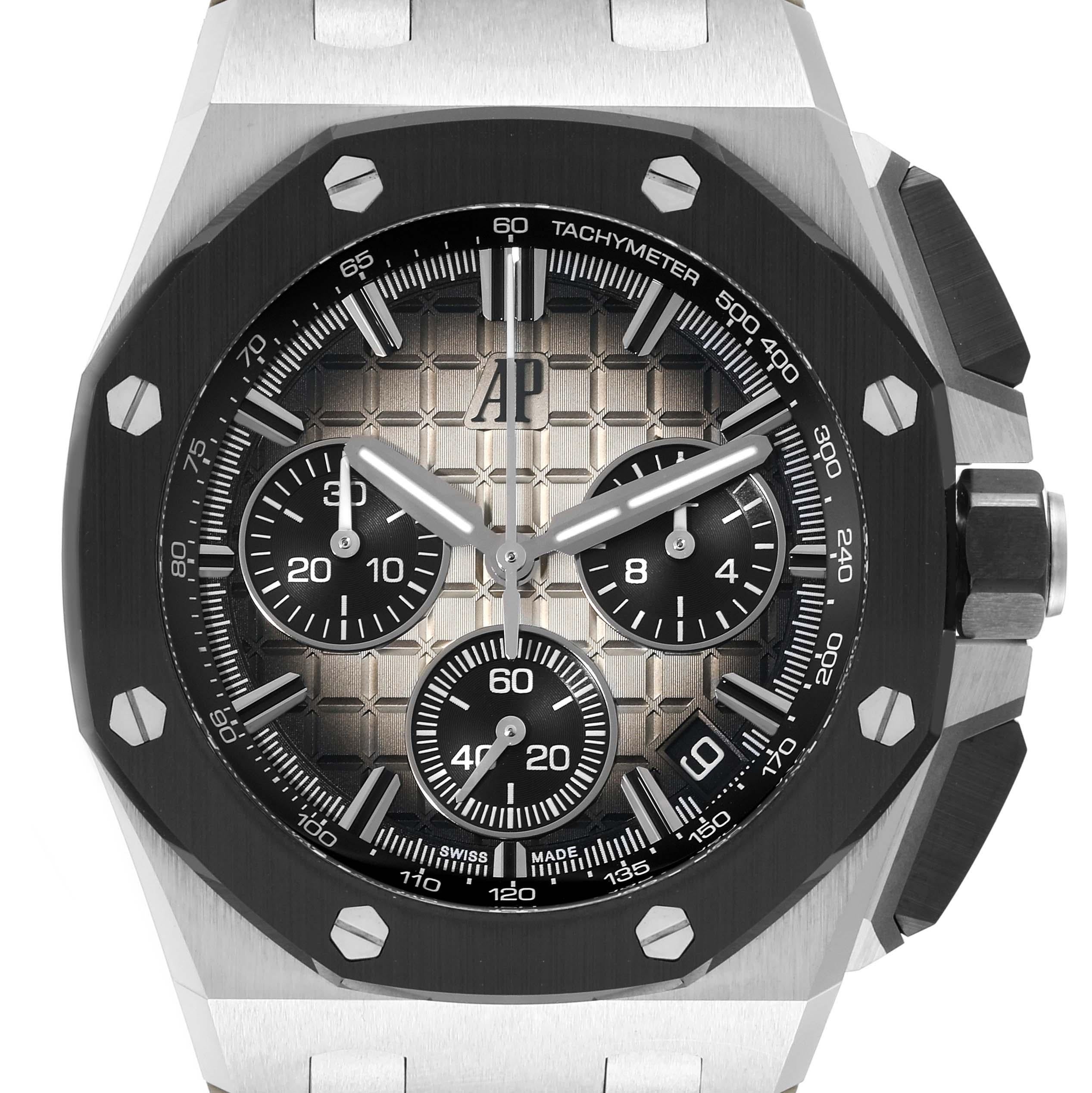 Audemars Piguet Royal Oak Offshore Chronograph Steel Mens Watch 26420SO Box Card. Automatic self-winding chronograph movement with flyback function. Stainless steel octagonal case 43 mm in diameter. Case thickness: 14.4 mm. Exhibition transparent