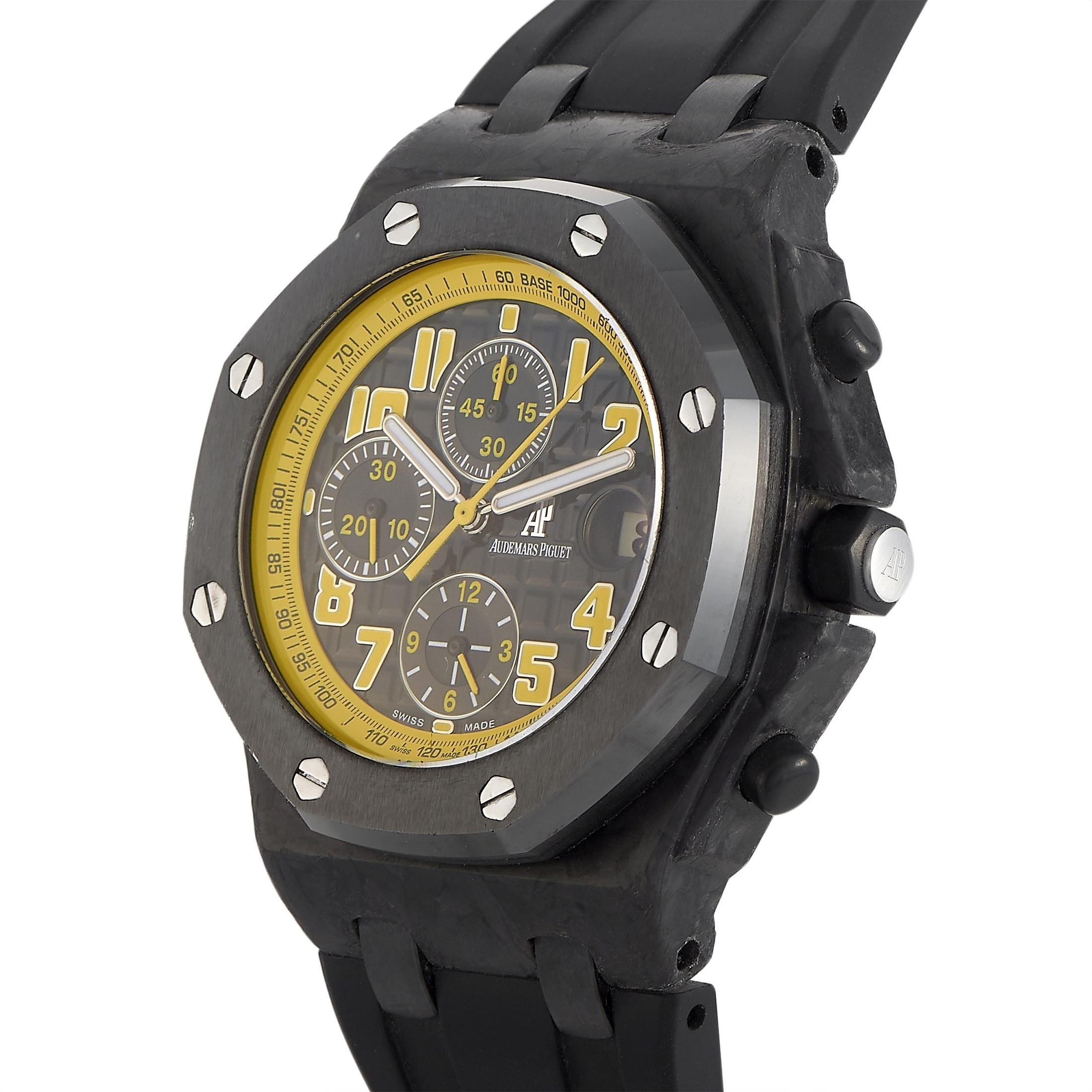 Introduced in 2009, the Audemars Piguet Royal Oak Offshore Chronograph Men's Watch 26176FO was nicknamed Bumblebee as it features a black-and-yellow color palette. Its case is made of forged carbon while the iconic octagonal AP bezel is in black