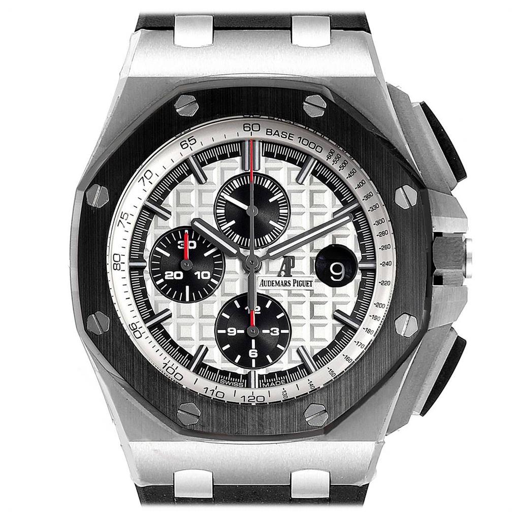 Audemars Piguet Royal Oak Offshore Chronograph Watch 26400 Box Papers. Automatic self-winding chronograph movement. Stainless octagonal case 44 mm in diameter. Exhibition sapphire crystal case back. Black ceramic crown with a brushed stainless steel