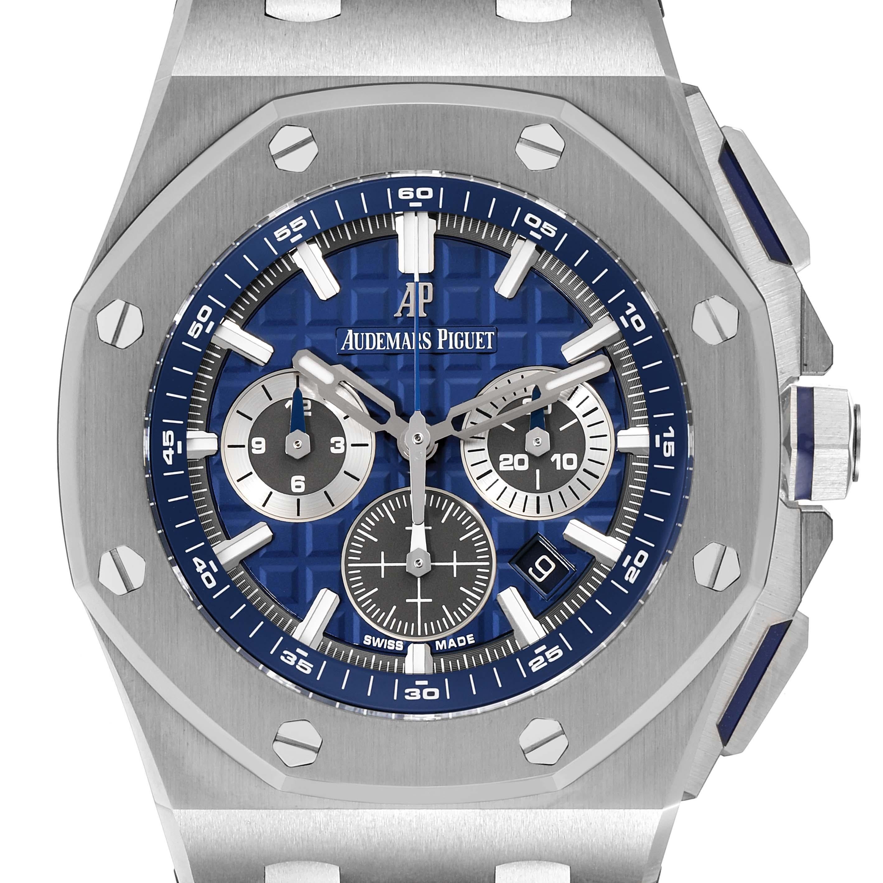 Audemars Piguet Royal Oak Offshore Chronograph Watch 26480TI Box Papers. Automatic self-winding movement. Stainless octagonal case 42 mm in diameter. Case thickness: 12.9 mm. Solid case back. Titanium bezel punctuated with 8 signature screws.