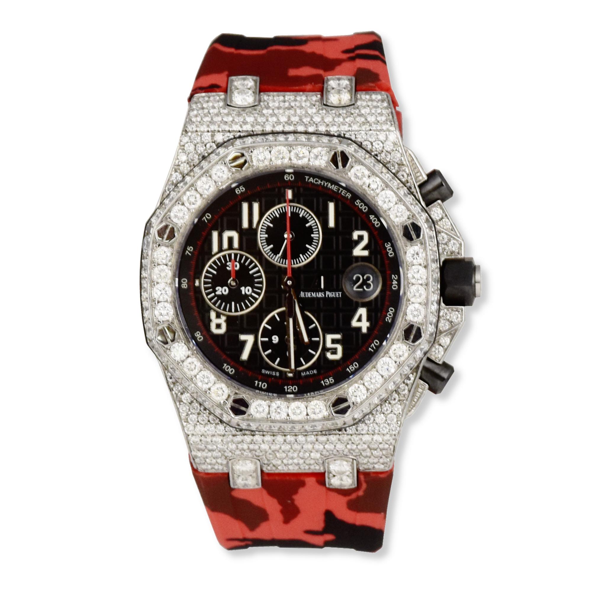 Brand: Audemars Piguet
Band Color: Red Camo
Band Material: Rubber
Case Material: Stainless Steel
Case Size: 42.0mm
Dial Color: Black
Model: Royal Oak Offshore
Modified Item: Yes
Movement: Automatic Self Wind
Reference Number: 25721TI.00.1000TI.06.A