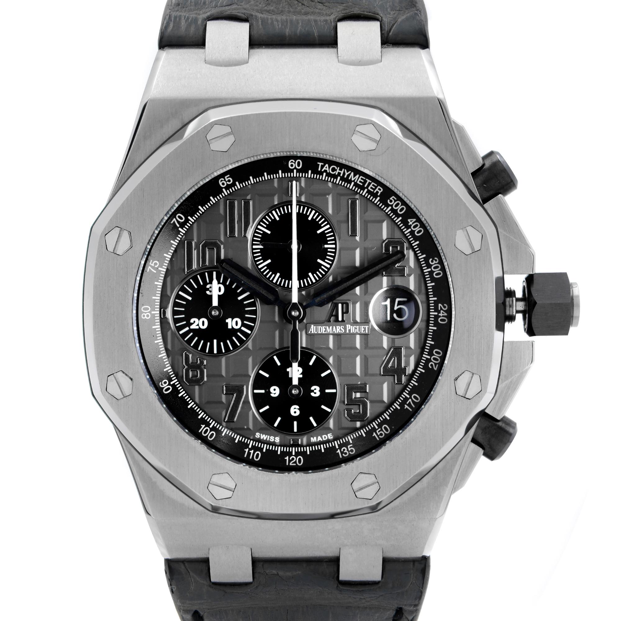 Pre Owned Audemars Piguet Royal Oak Offshore Elephant Steel Men's Automatic Watch 26470ST.OO.A104CR.01.  This Beautiful Timepiece is Powered by Mechanical (Automatic) Movement And Features: Stainless Steel Case with a Gray Leather Strap. Fixed