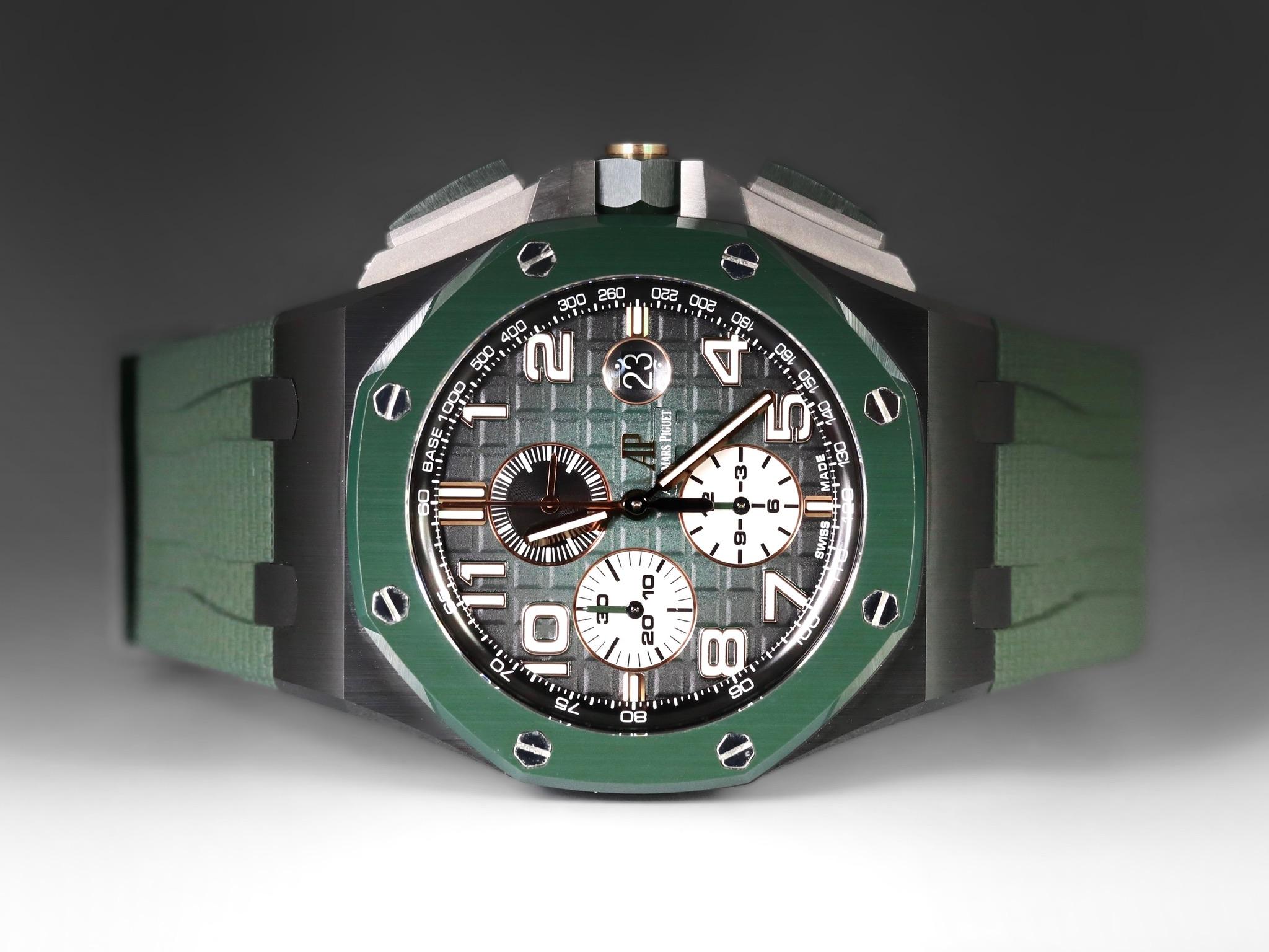 UnwornWatches presents the striking Audemars Piguet Royal Oak Offshore is a bold statement piece that combines the brand's signature craftsmanship with a fresh, contemporary twist. The vivid green dial is both distinctive and versatile, making it an