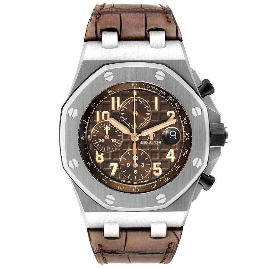 Audemars Piguet Royal Oak Offshore Havana Chronograph Watch 26470ST Box Card. Automatic self-winding movement. Stainless octagonal case 42 mm in diameter. Case thickness: 14.2 mm. Exhibition transparent sapphire crystal case back. Stainless steel