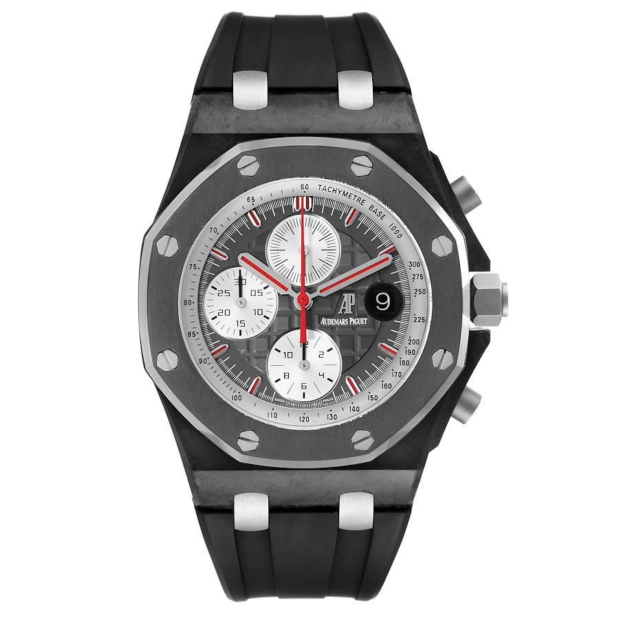 Audemars Piguet Royal Oak Offshore Jarno Trulli Mens Watch 26202AU Box Papers. Automatic self-winding chronograph movement. Black forged carbon octagonal case 42 mm in diameter. Exhibition sapphire crystal case back. Titanium crown with an engraved