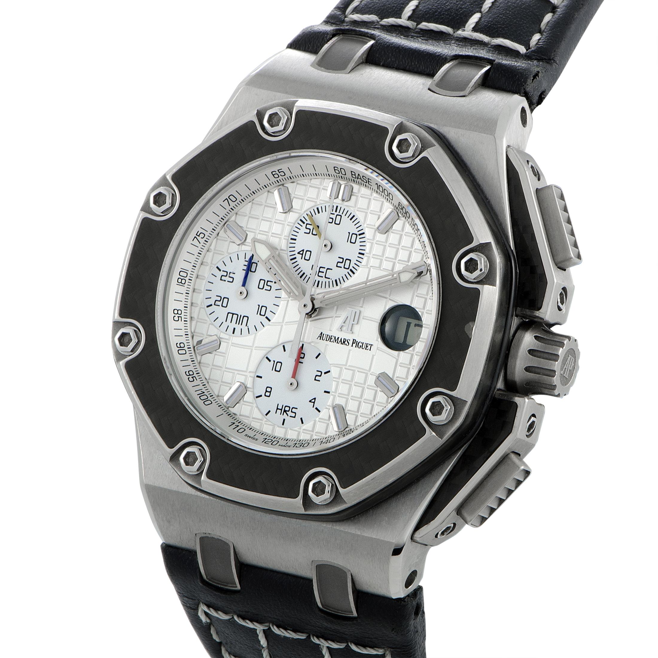 A perfectly fitting aesthetic setting for a model of resolute sporty spirit, the highly renowned and remarkably robust “Royal Oak Offshore” design exudes technical excellence and modern style in this fantastic wristwatch from Audemars Piguet which