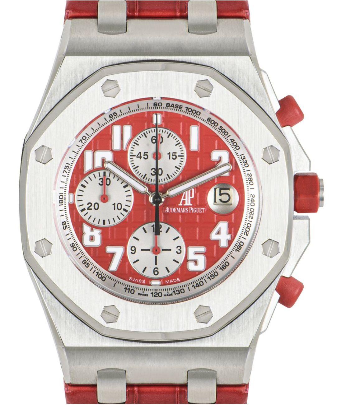 A stunning men's limited edition Royal Oak Offshore Rhone Fusterie in stainless steel by Audemars Piguet. Featuring a distinctive red grande tapisserie dial with 3 subdials displaying a 60 second, 30 minute, 12-hour marker, and a date aperture at 3