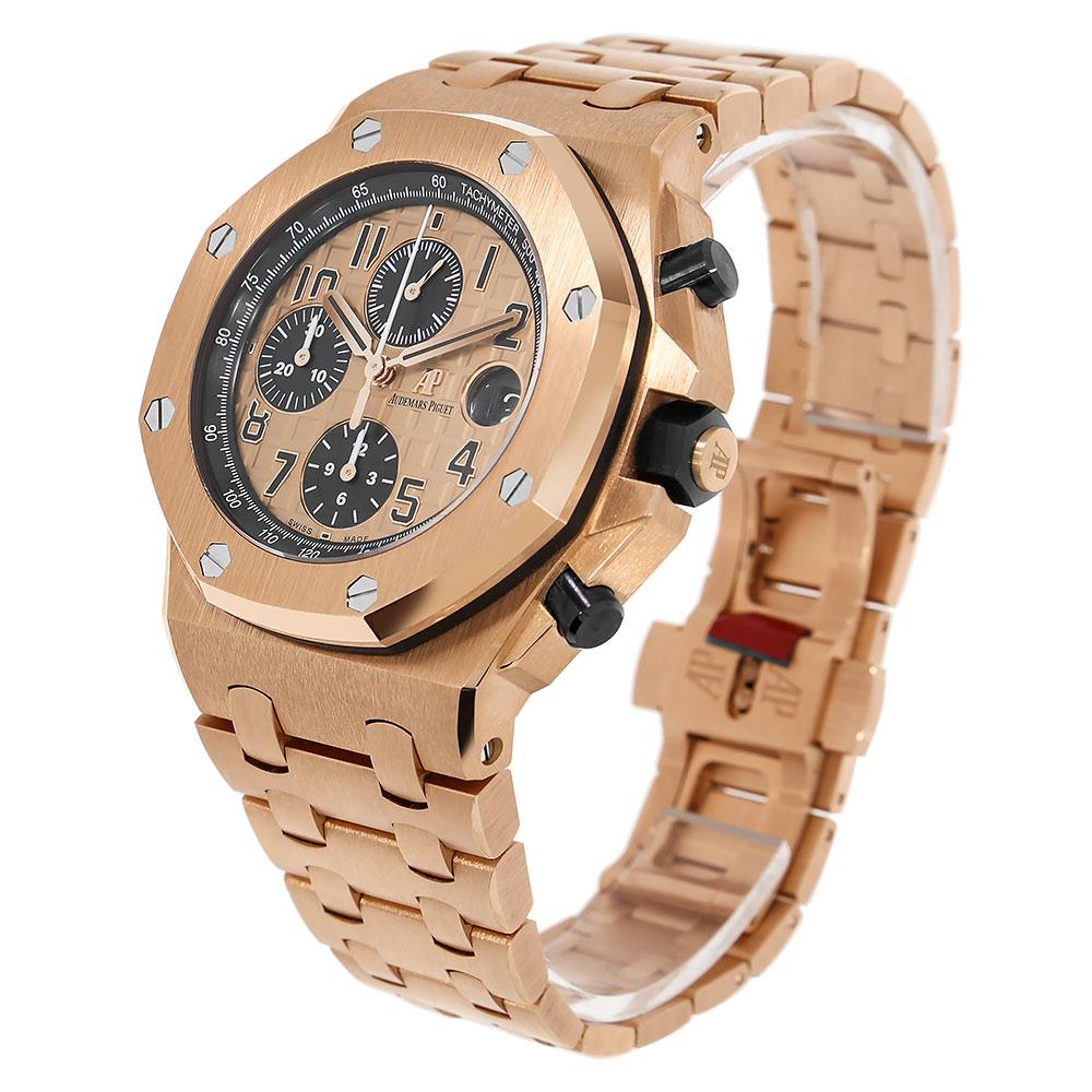 Audemars Piguet crafted the Royal Oak Offshore 26470OR.OO.1000OR.01 a Chronograph that was not only functional but uncompromisingly luxurious in design. The 26470OR.OO.1000OR.01 has an 18-carat rose gold case that is 42mm in diameter and 14.18mm