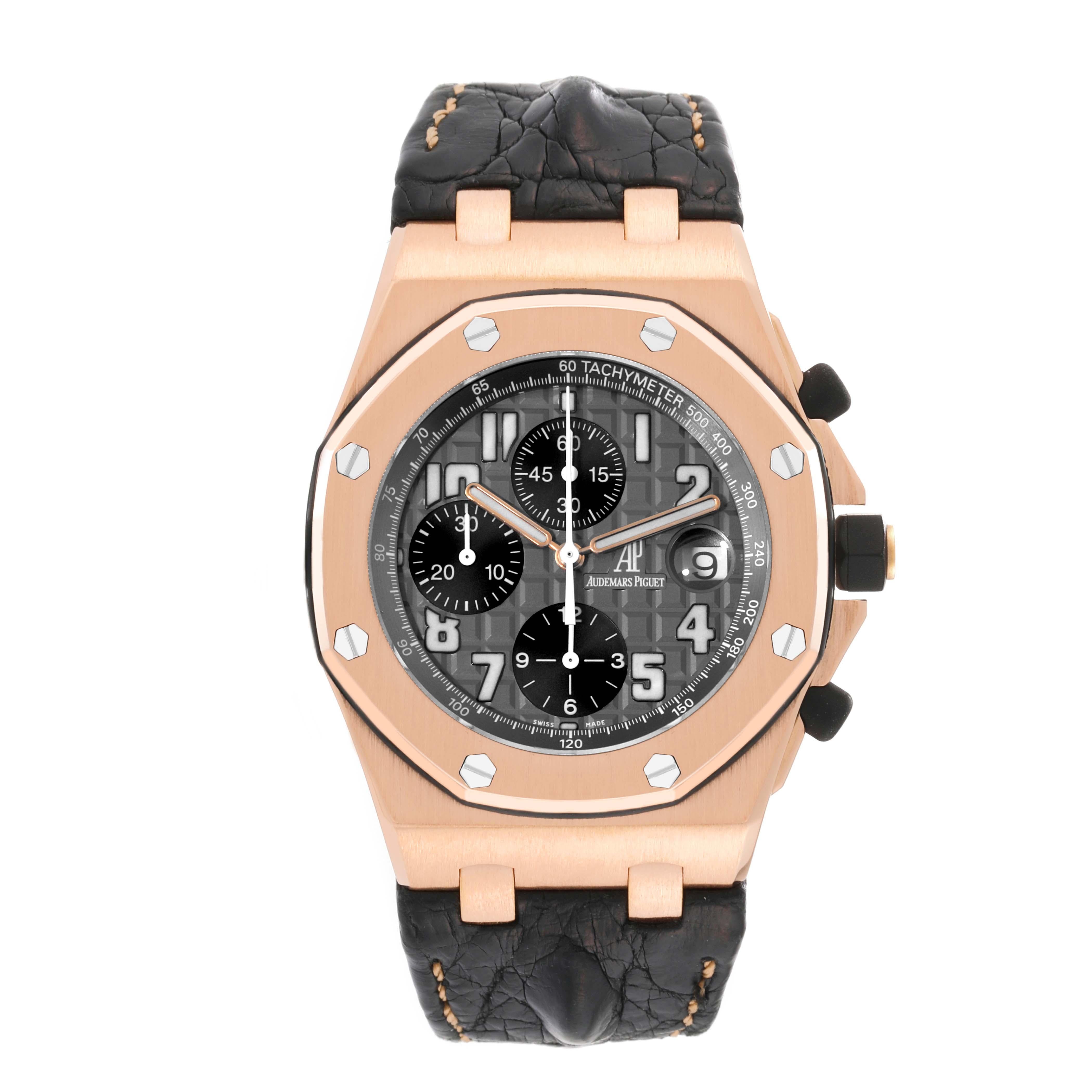 Audemars Piguet Royal Oak Offshore Rose Gold Chronograph Mens Watch 2590OK. Automatic self-winding movement. 18k rose gold octagonal case 42 mm in diameter. Case thickness: 14.2 mm. 18k rose gold bezel punctuated with 8 signature screws. Scratch