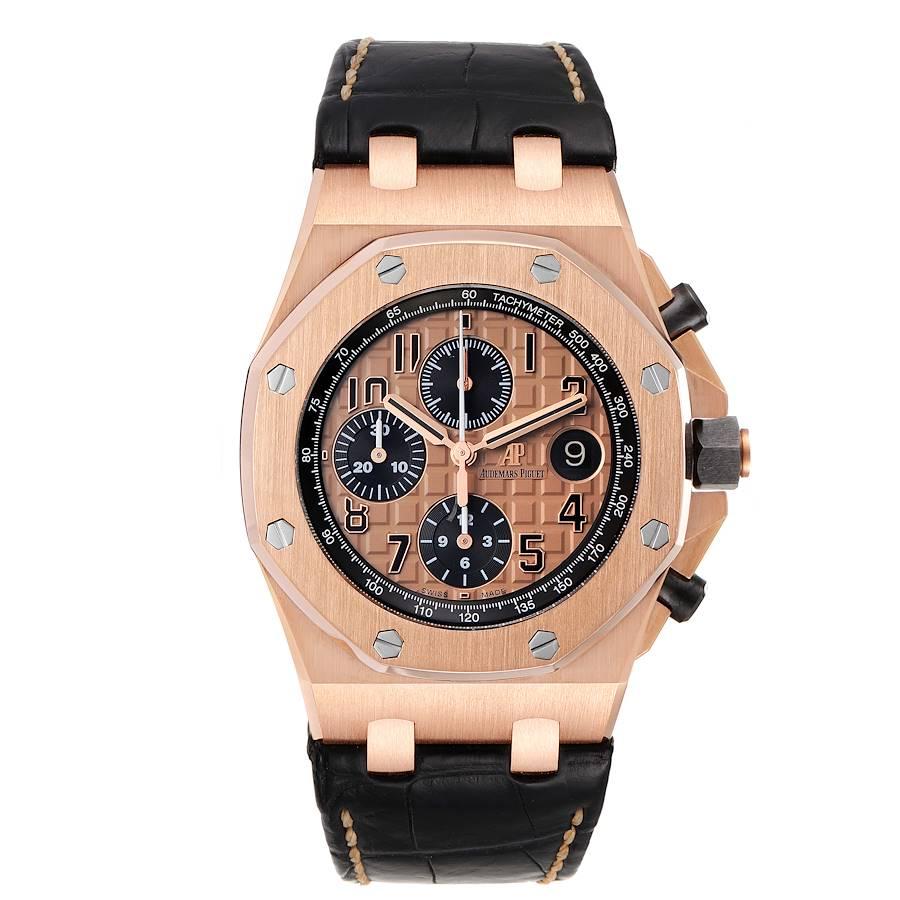 Audemars Piguet Royal Oak Offshore Rose Gold Chronograph Watch 26470OR. Automatic self-winding movement. 18k rose gold octagonal case 42 mm in diameter. Case thickness: 14.2 mm. Exhibition transparent sapphire crystal case back. 18k rose gold bezel