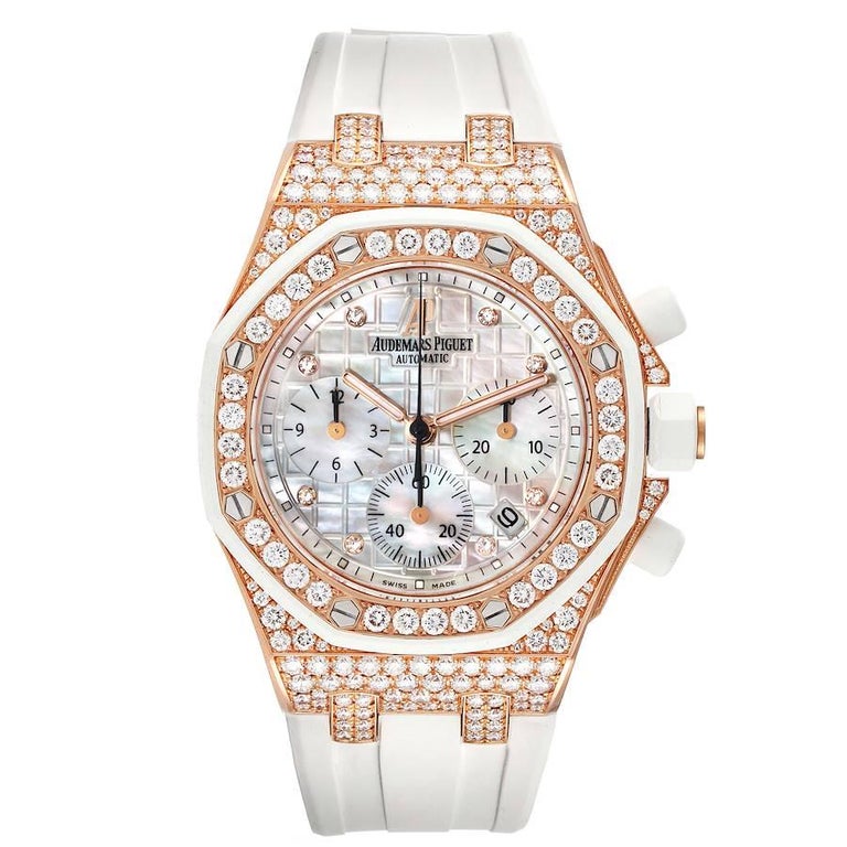 Audemars Piguet Royal Oak Offshore Rose Gold Diamond Ladies Watch 26092OK. Automatic self-winding chronograph movement. 18K rose gold case 37.0 mm in diameter. Crown with white rubber clad grip. Rubber gasket between bezel and the case. Case and