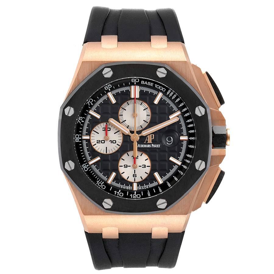 Audemars Piguet Royal Oak Offshore Rose Gold Mens Watch 26401RO Papers. Automatic self-winding chronograph movement. 18k rose gold octagonal case 44 mm in diameter. Exhibition sapphire crystal case back. Black ceramic crown with a brushed rose gold