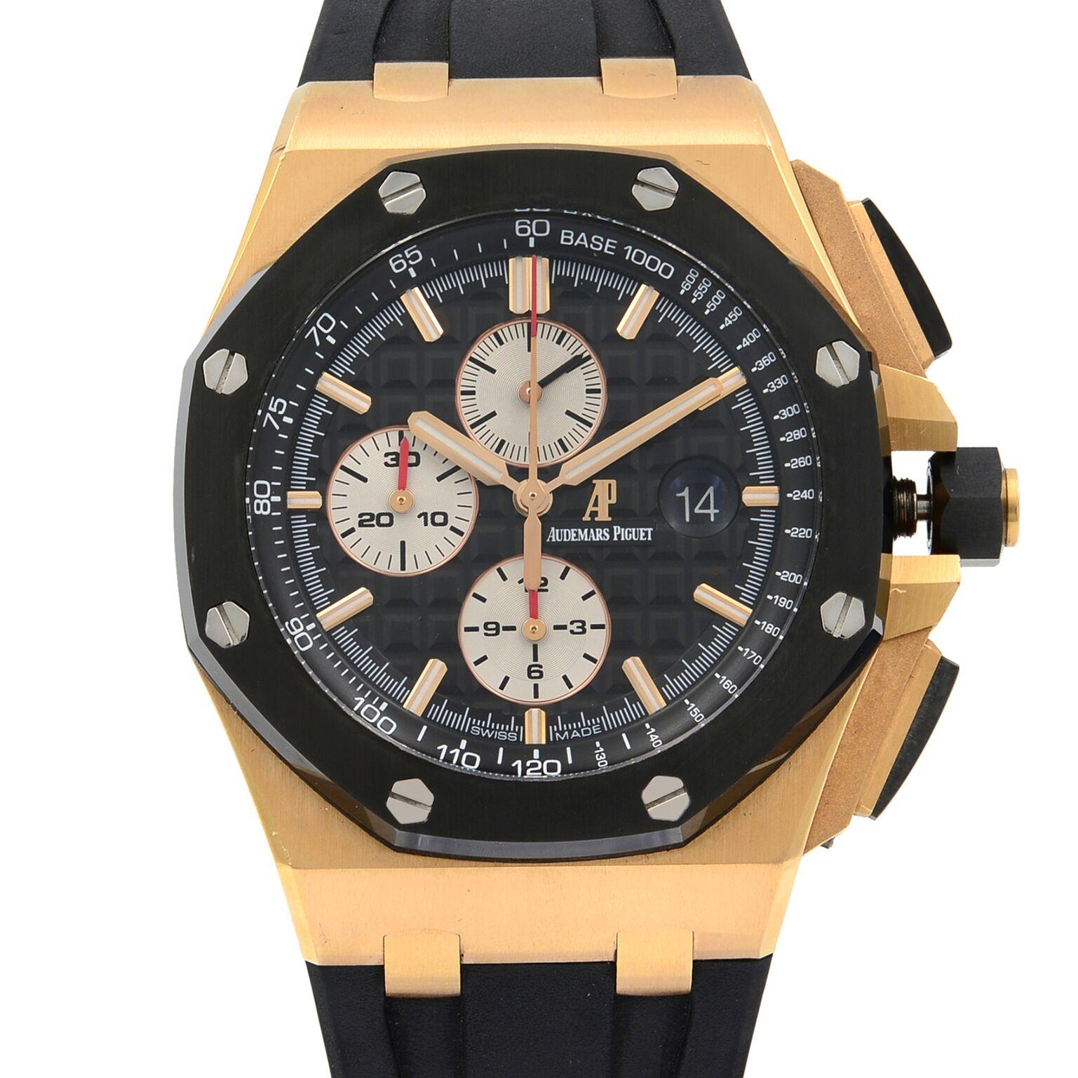 This pre-owned Audemars Piguet Royal Oak Offshore  26401.RO.OO.A002.CA.01  is a beautiful men's timepiece that is powered by an automatic movement which is cased in a rose gold case. It has an octagonal shape face, chronograph, chronograph hand,