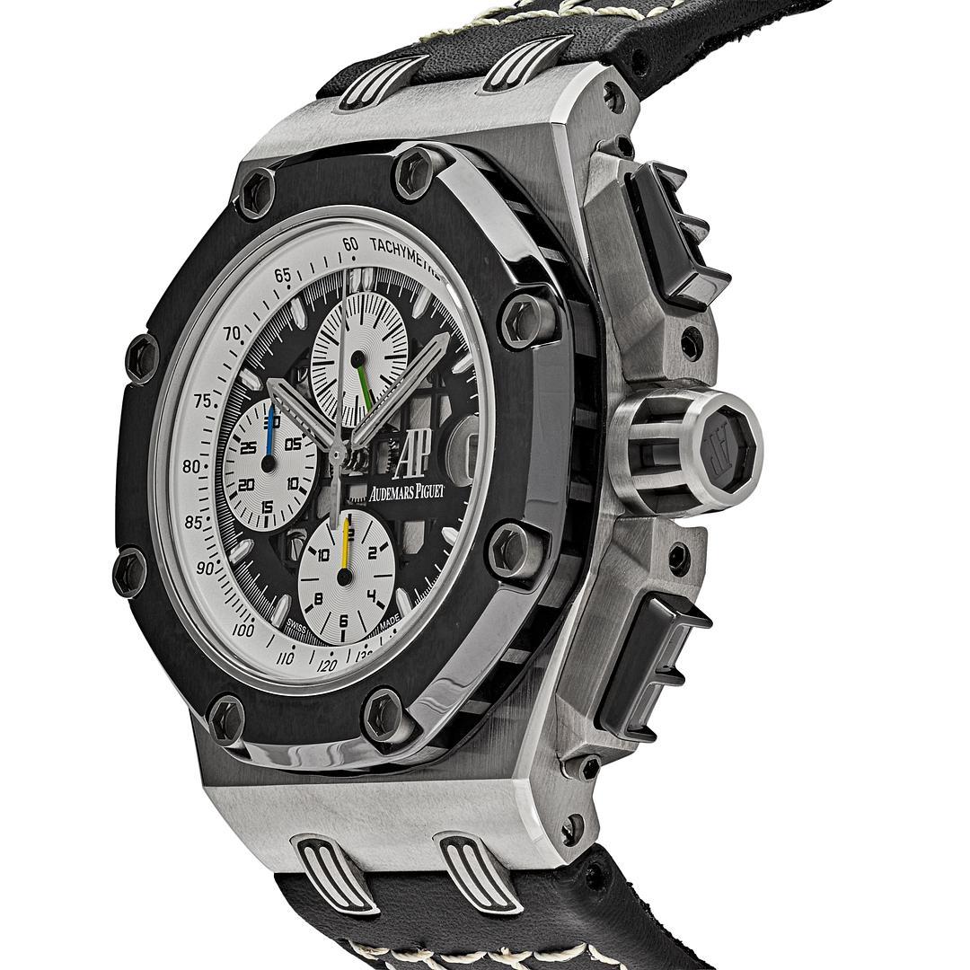 The Audemars Piguet Royal Oak Offshore Rubens Barrichello II is a watch that was designed with the world-renowned racing driver in mind. The watch features a 44mm case diameter and is made from titanium. The black dial has silver subdials, and the