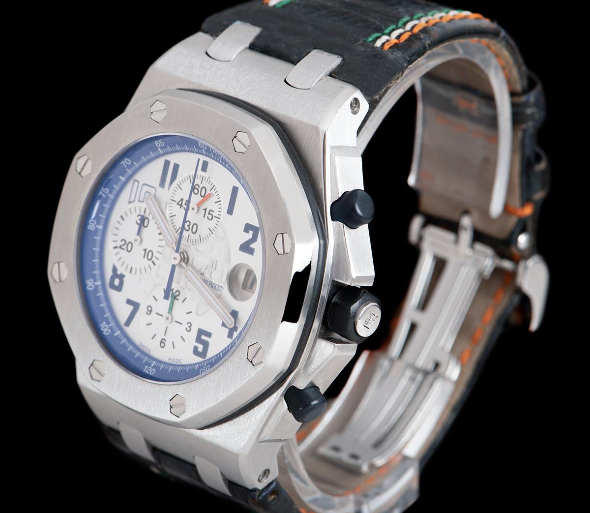 A Limited Edition Stainless Steel Royal Oak Offshore Sachin Tendulkar Gents Wristwatch, silver dial with applied arabic numbers, date at 3 0'clock, 12 hour recorder at 6 0'clock, 30 minute recorder at 9 0'clock, small seconds at 12 0'clock,