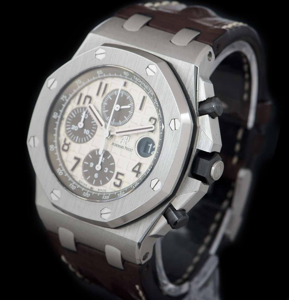 A 42mm Stainless Steel Royal Oak Offshore Safari 26470ST.OO.A801CR.01 Gents Wristwatch, ivory-toned dial with a “Méga Tapisserie” pattern and applied arabic numbers, date at 3 0'clock, 12 hour recorder at 6 0'clock, 30 minute recorder at 9 0'clock,