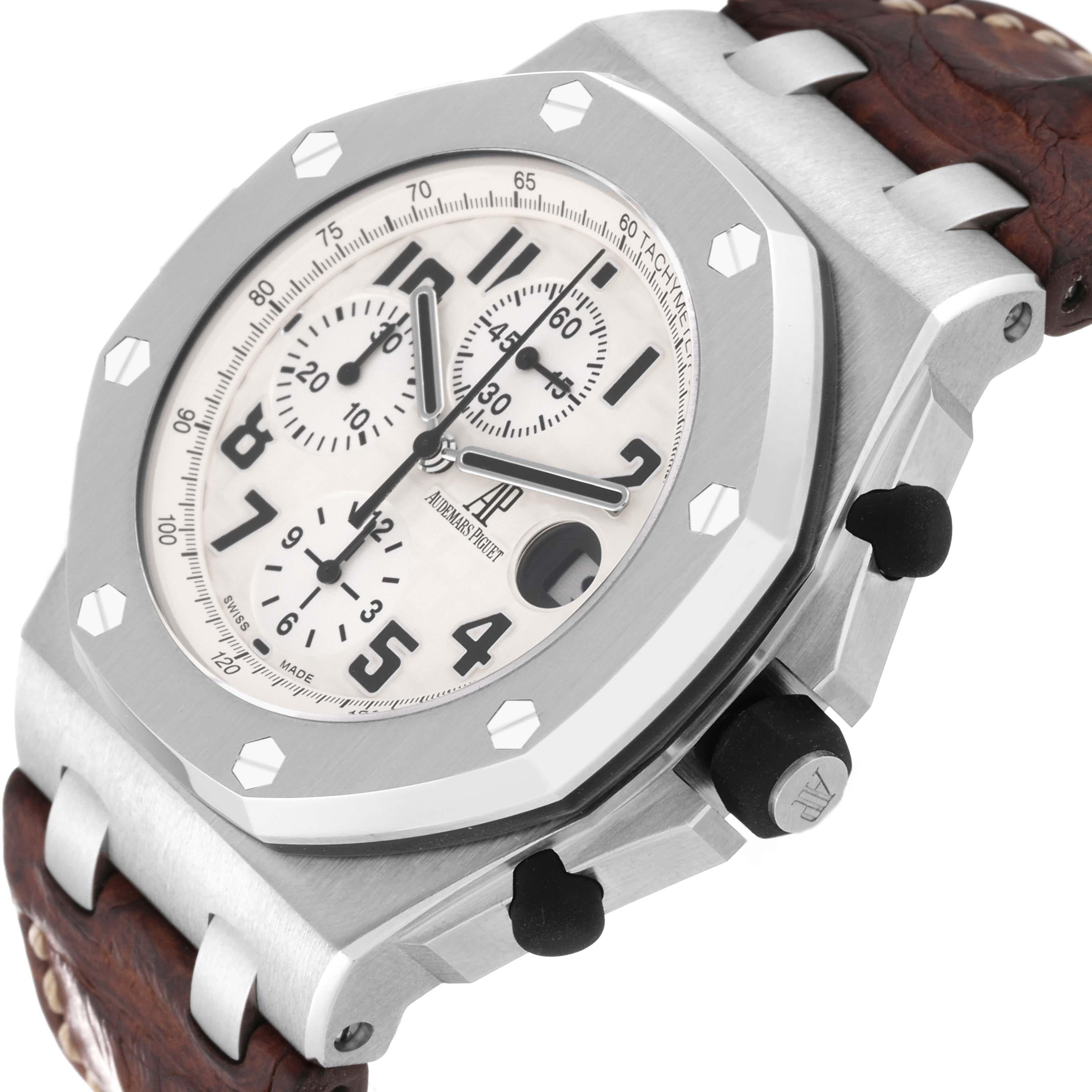 Audemars Piguet Royal Oak Offshore Safari Steel Mens Watch 26170ST Box Papers. Automatic self-winding chronograph movement. Stainless steel octagonal case 42 mm in diameter. Case thickness: 14.2 mm. Solid case back. Black rubber-clad screw-down