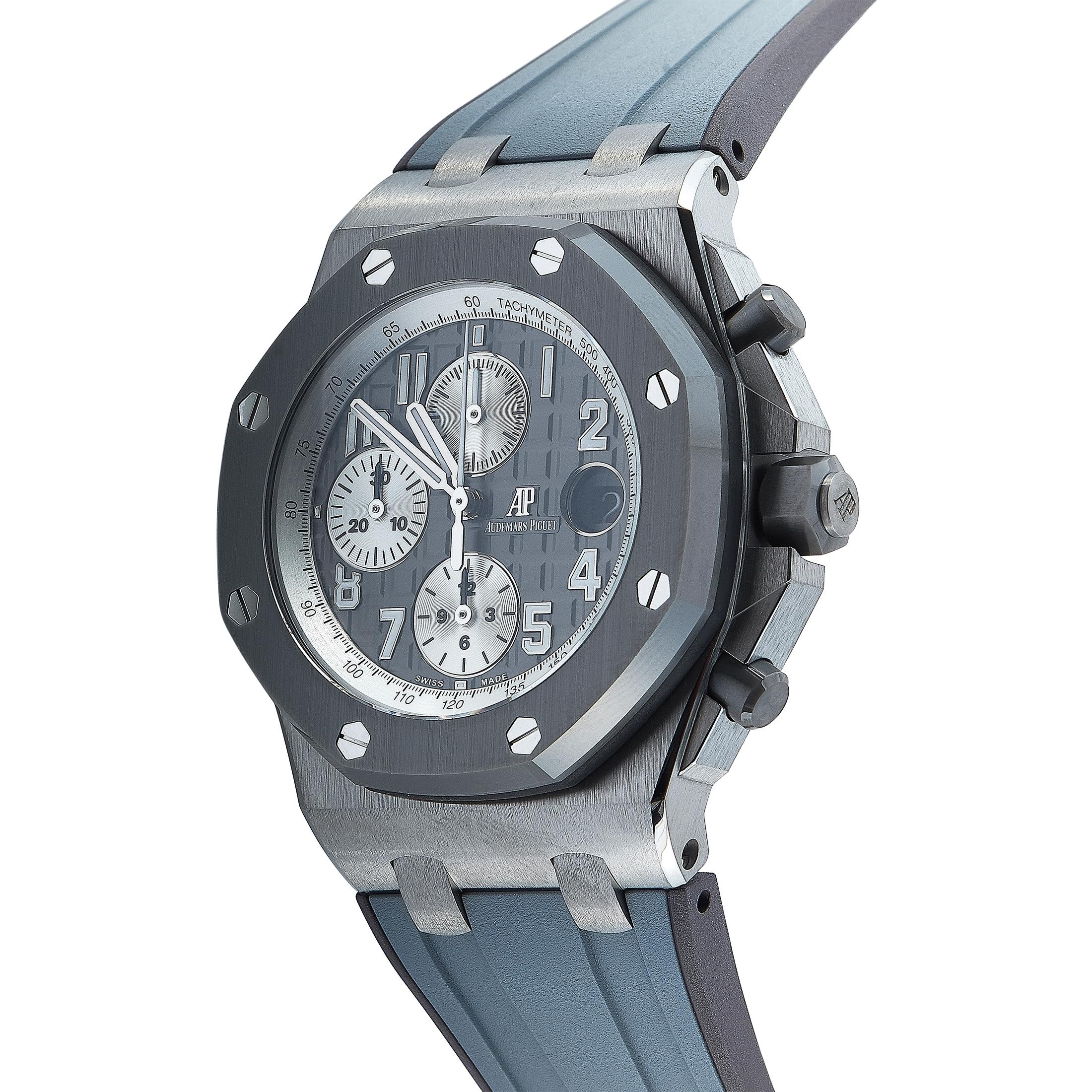 The Audemars Piguet Royal Oak Offshore Selfwinding Chronograph, reference number 26470IO.OO.A006CA.01, is a member of the superb “Royal Oak Offshore” collection.

The watch is presented with a titanium case that boasts see-through sapphire crystal