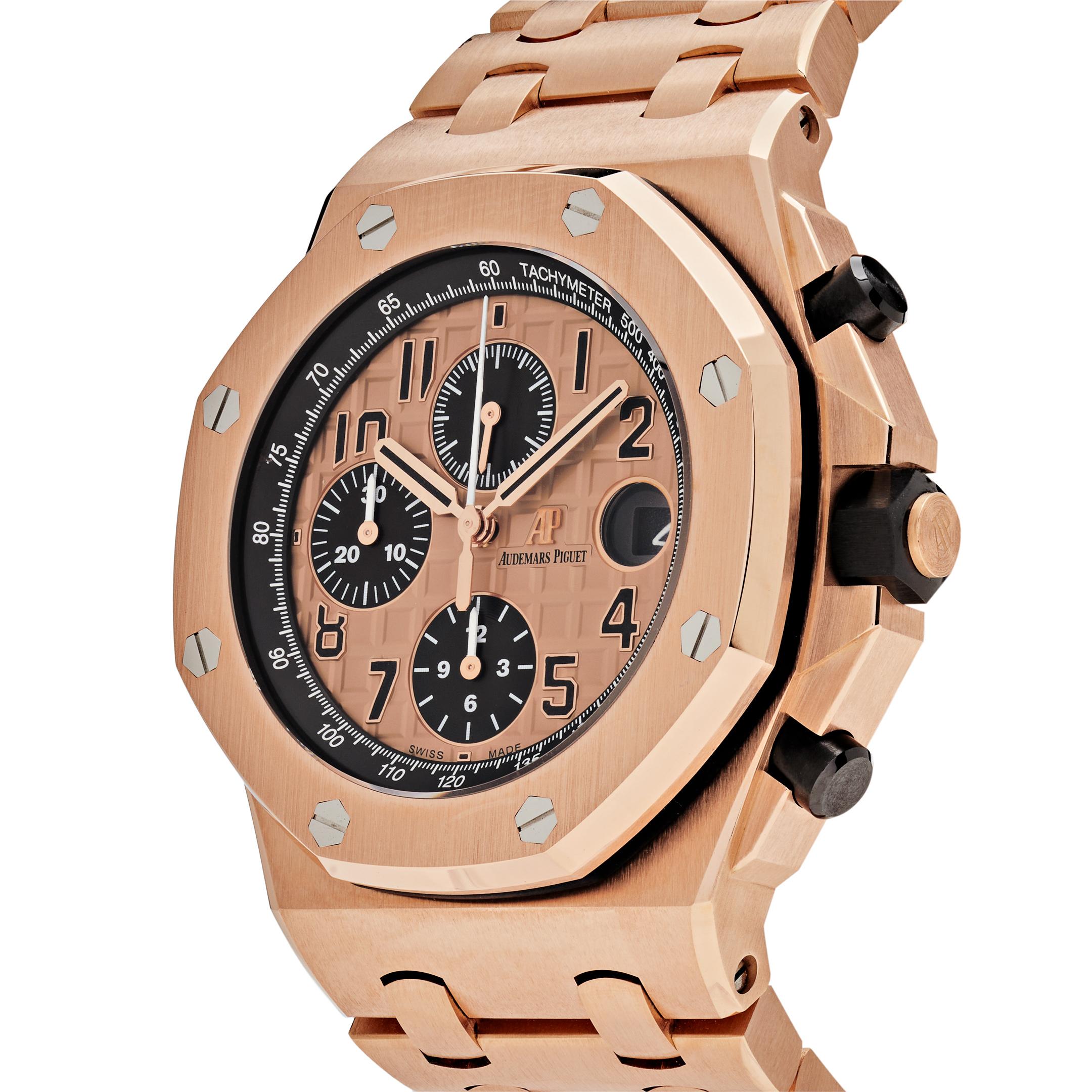 This Royal Oak Offshore is designed with a 42 mm 18-carat rose gold case and bezel with black ceramic pushpieces and screw-locked crown. In the center inlays a stunning rose gold “Méga Tapisserie” dial with Arabic numerals featuring black counters