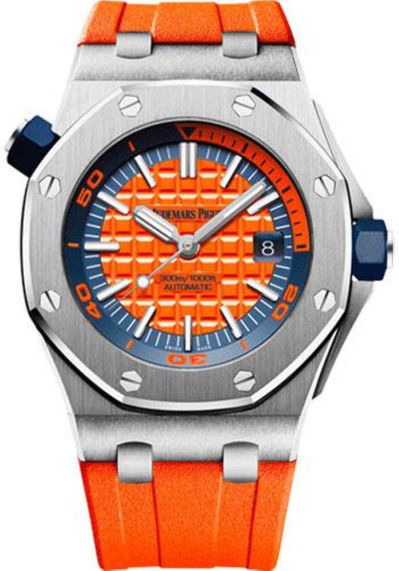 42 mm stainless steel case, 14.1 mm thick, glareproofed sapphire crystal back, blue rubber-clad screw-locked crown, glareproofed sapphire crystal, orange dial with Méga Tapisserie” pattern, white gold applied hour-markers and Royal Oak hands with