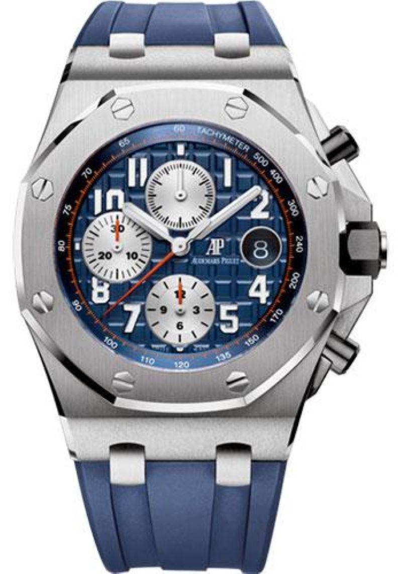 42mm steel case, 14.20mm thick, sapphire back, screw-locked  crown and pushpieces, steel bezel, sapphire crystal with glare-proof, blue dial with “méga tapisserie” pattern, silver-toned counters, white arabic numerals with luminescent coating, white