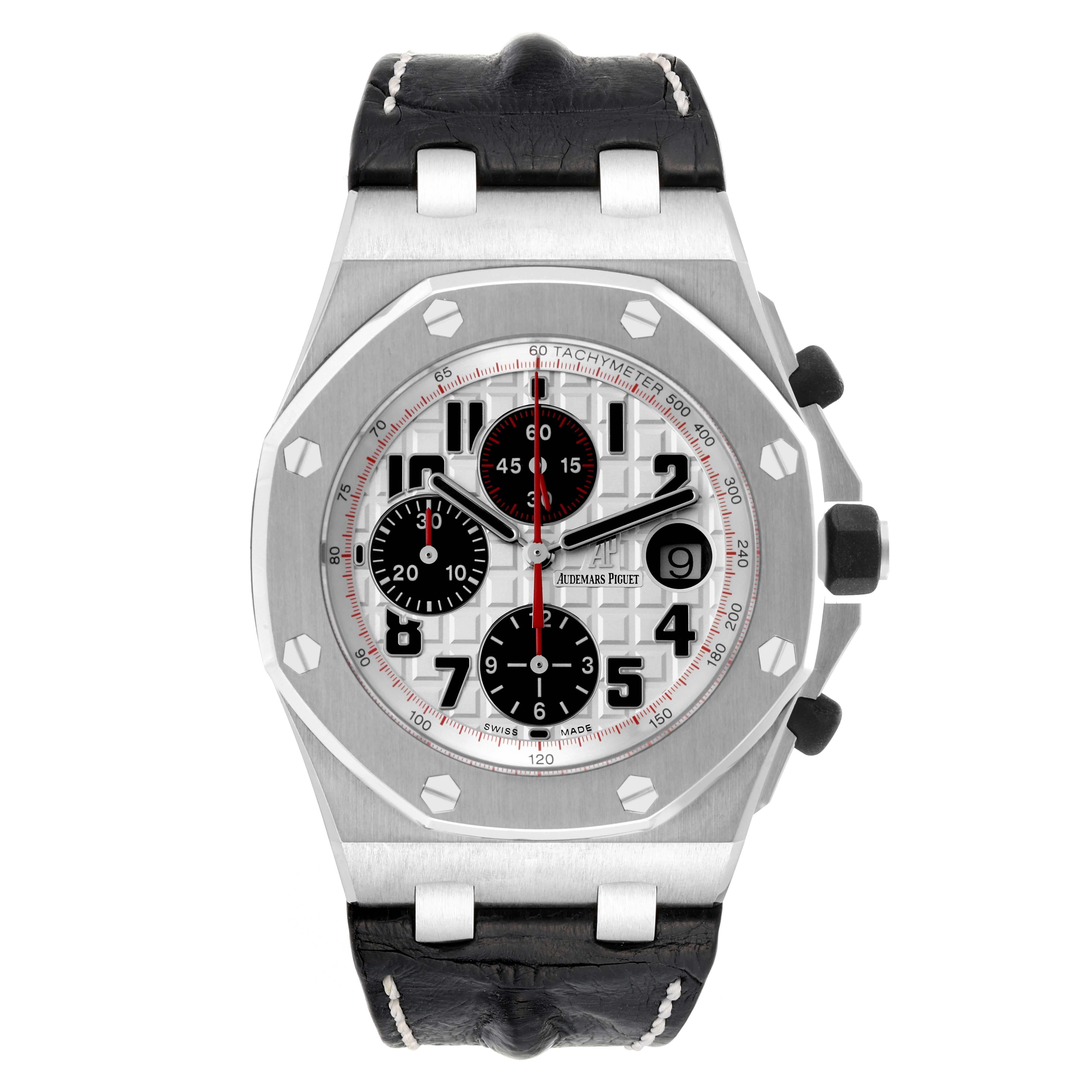 Audemars Piguet Royal Oak Offshore Steel Mens Watch 26170ST Box Papers. Automatic self-winding movement. Stainless steel octagonal case 42 mm in diameter. Case thickness: 14.2 mm. Solid case back. Black rubber-clad screw-down crowns. Stainless steel