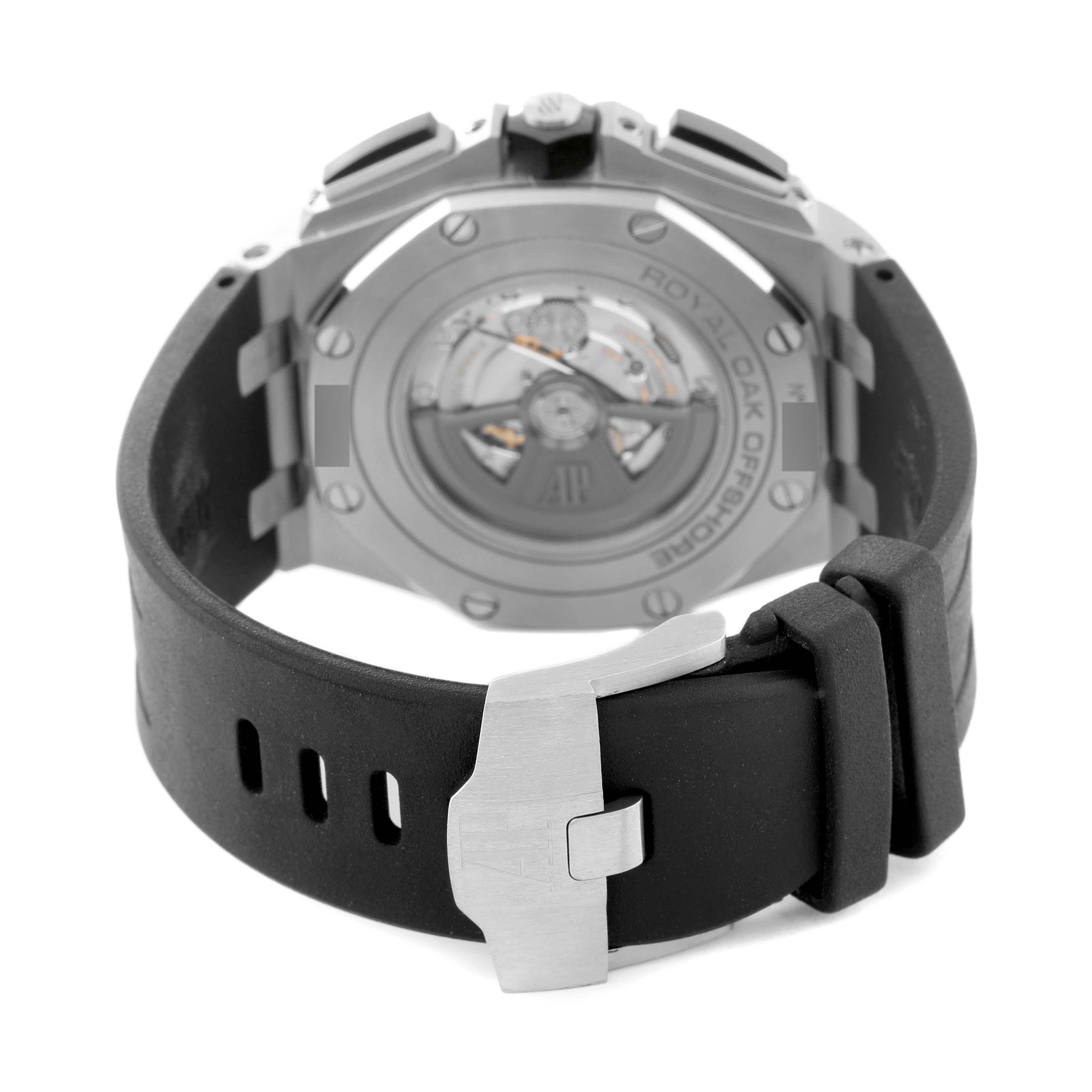 Audemars Piguet Royal Oak Offshore Steel Mens Watch 26400SO Box Papers. Automatic self-winding chronograph movement. Stainless steel octagonal case 44 mm in diameter. Exhibition sapphire crystal caseback. Black ceramic crown with a brushed stainless