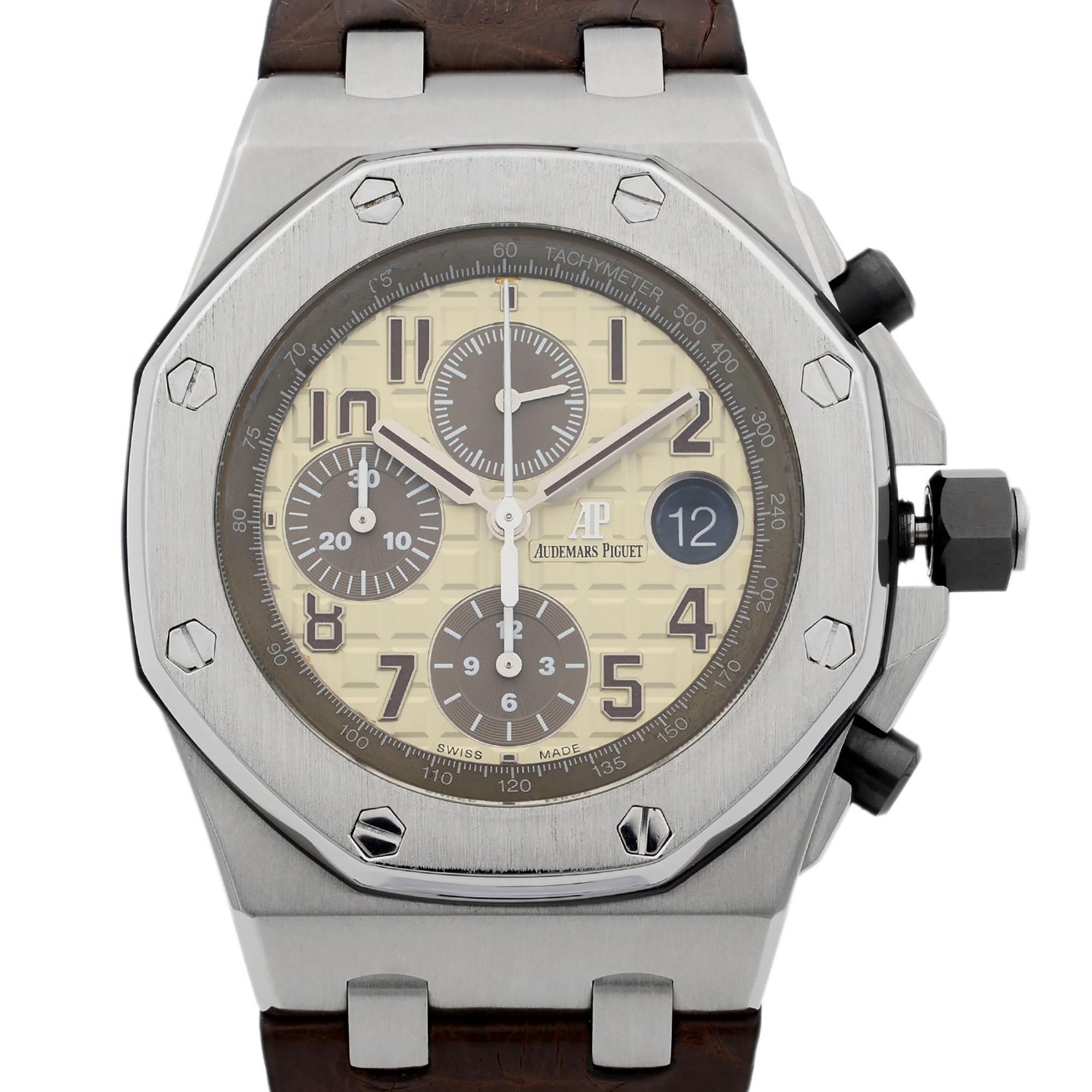 Pre-owned Audemars Piguet Royal Oak Offshore Safari Steel Off-White Watch 26470ST.OO.A801CR.01. This Beautiful Timepiece is Powered by Mechanical (Automatic) Movement And Features: Octagon Stainless Steel Case with a Brown Leather Strap. Fixed