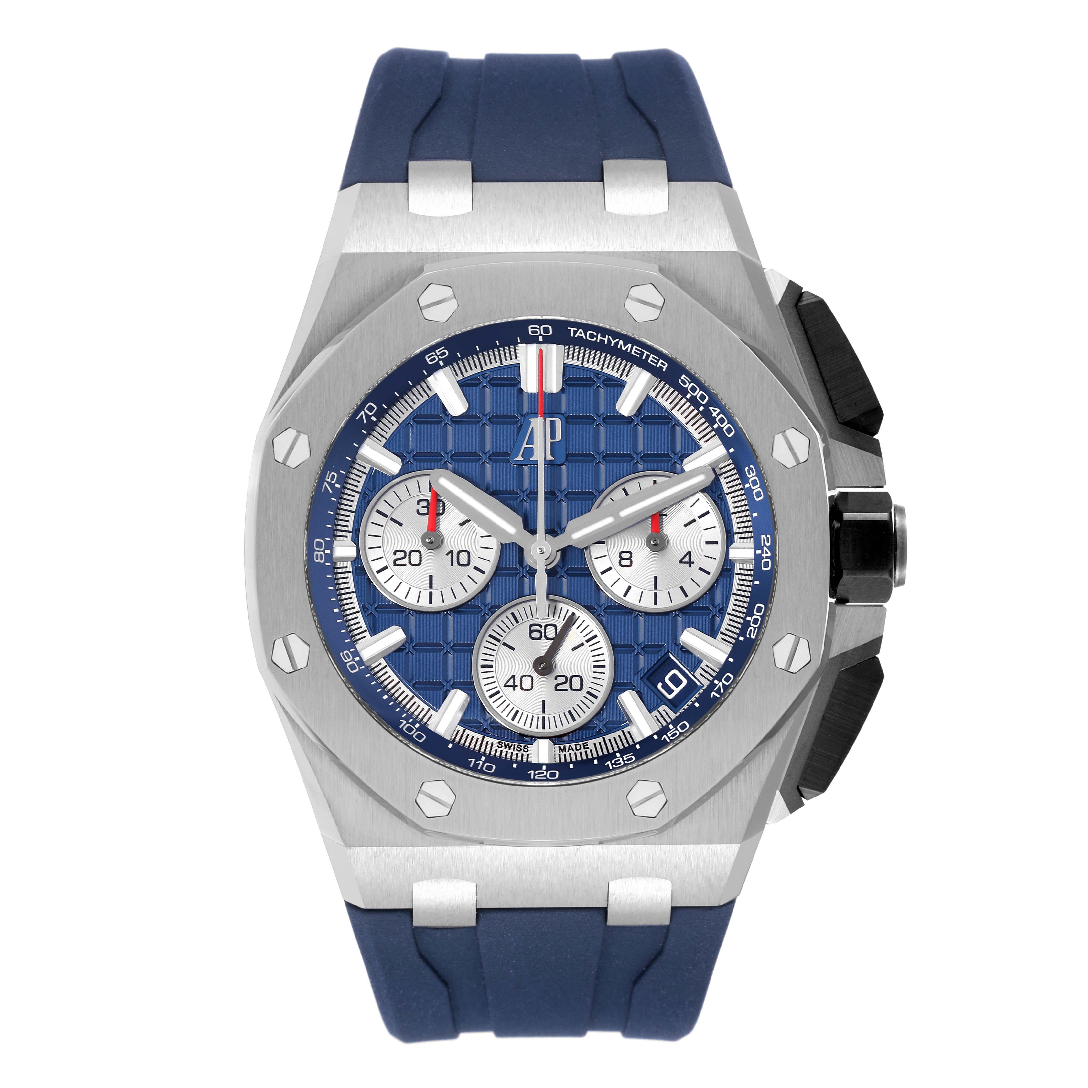 Audemars Piguet Royal Oak Offshore Titanium Blue Dial Mens Watch 26420 Unworn. Automatic self-winding chronograph movement with flyback function. Titanium octagonal case 43 mm in diameter. Case thickness: 15.5 mm. Exhibition sapphire crystal case