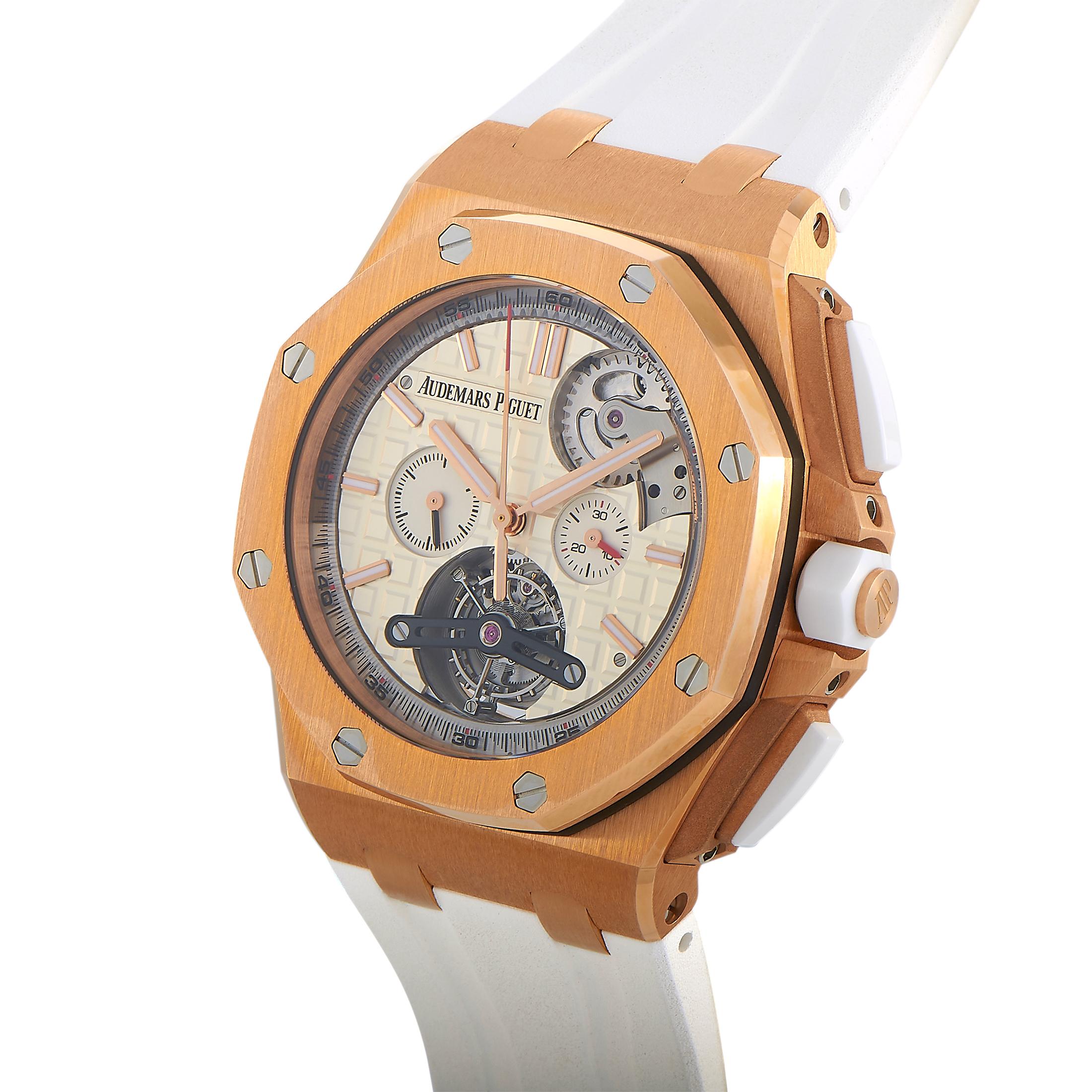 The Audemars Piguet Royal Oak Offshore Tourbillon Chronograph Selfwinding, reference number 26540OR.OO.A010CA.01, is created for the exquisite “Royal Oak Offshore” collection.

The watch is presented with an 18K rose gold case that boasts