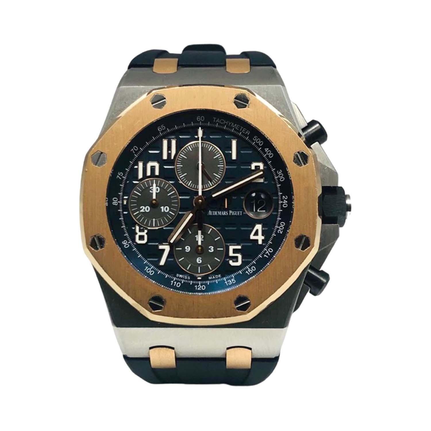 Brand: Audemars Piguet

Model Name: Royal Oak Offshore

Model Reference: 26471SR.OO.D101CR.01

Movement: Automatic

Case Size: 42mm

Case Material: Stainless Steel/Rose Gold

Dial: Blue; Chrono

Crystal: Scratch Resistant Sapphire

Bracelet