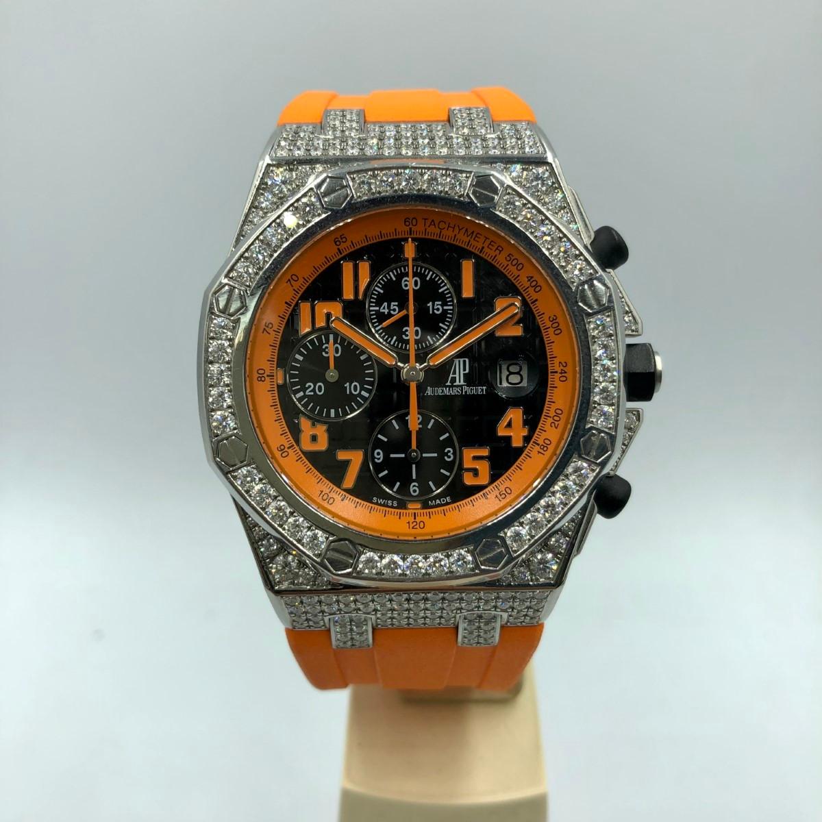 This Audemars Piguet Diamond Watch features Custom large round cut diamonds set in the brilliant bezel.  Diamonds continue on the sides of the case. 

Made in Stainless Steel with Diamonds, this Automatic Audemars Piguet is an exclusive offer.

With