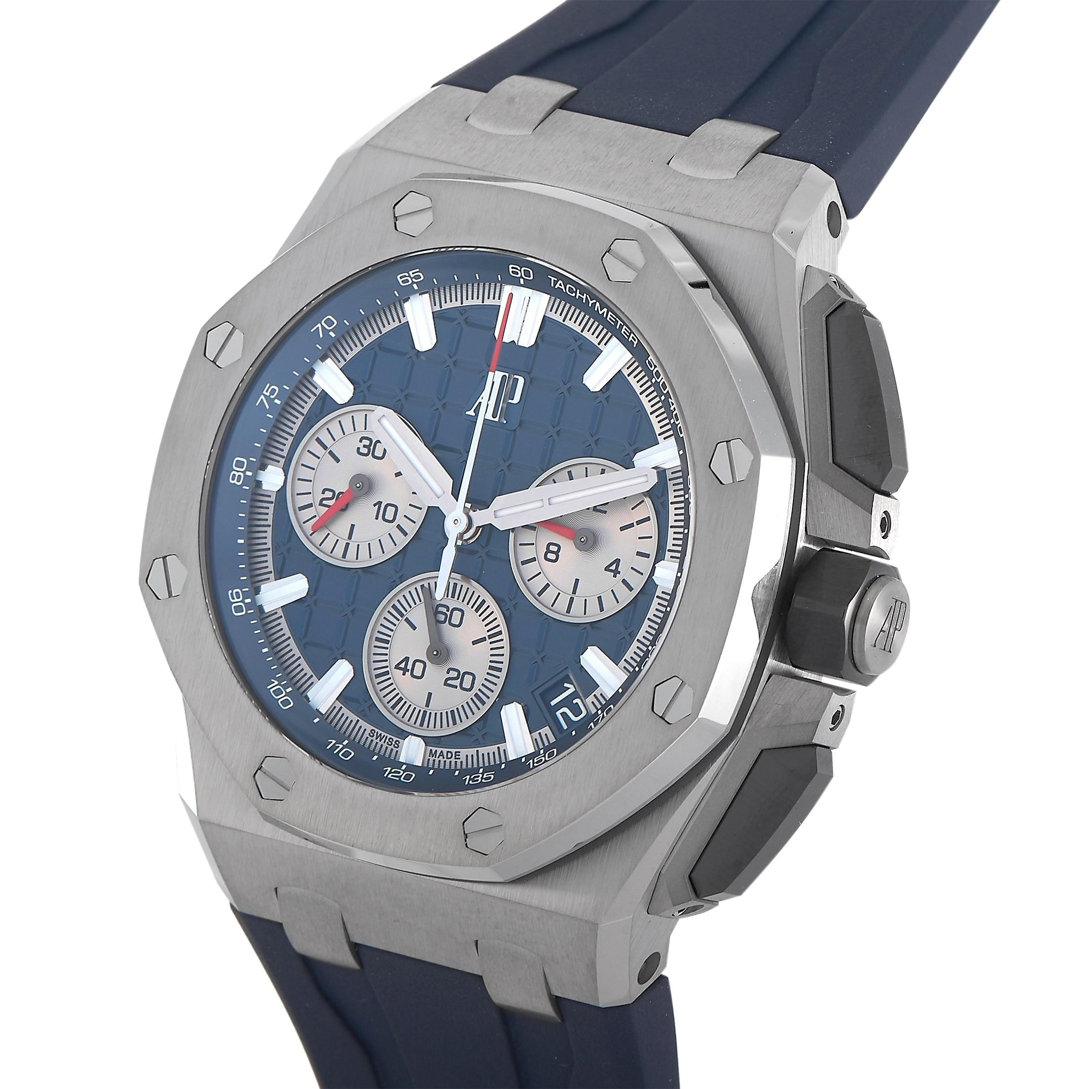 The Audemars Piguet Royal Oak Offshore Watch, reference number 26420TI.OO.A027CA.01, is a functional timepiece with a distinct sense of style. 

Bold and commanding in design, it features a 43mm titanium case and screw-accented bezel attached to a