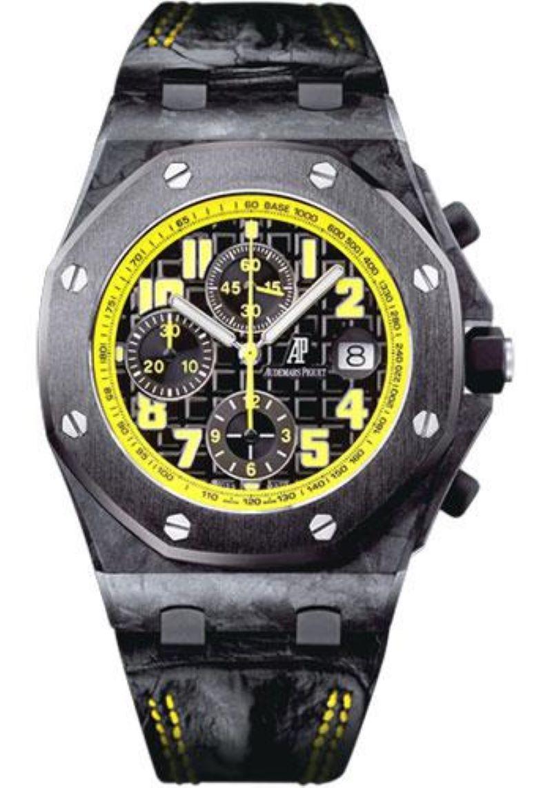 42mm x 54mm x 15mm forged carbon case, black dial, automatic-winding Audemars Piguet Calibre 3126/3840 movement with chronograph, date, and small seconds, approximately 60 hours of power reserve, leather strap with folding buckle. Water resistant to