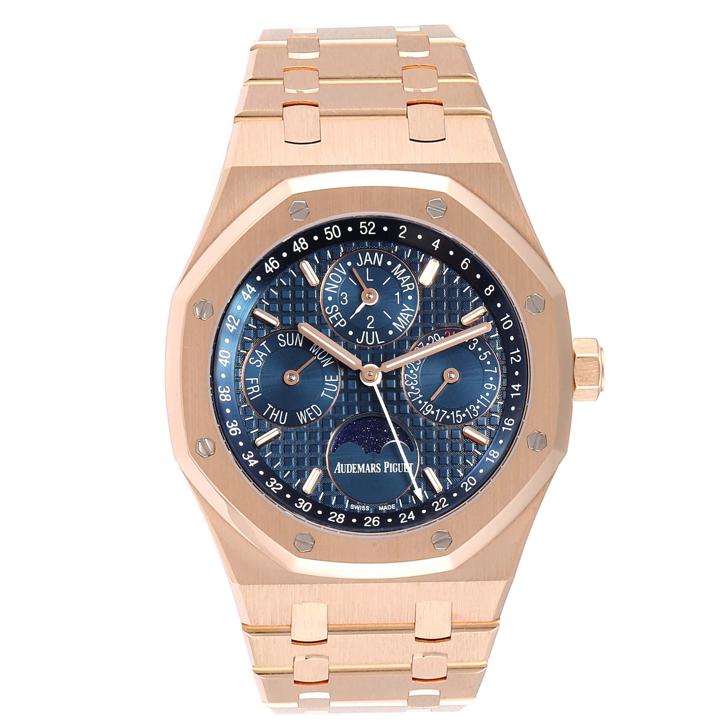Audemars Piguet Royal Oak Perpetual Calendar Blue Dial Rose Gold Watch 26574OR. Automatic self-winding movement. Perpetual calendar. Calibre 5134 , based upon Audemars Piguet 2120, containing 38 Jewels, composed of 374 parts, bitting at 19800 vph,