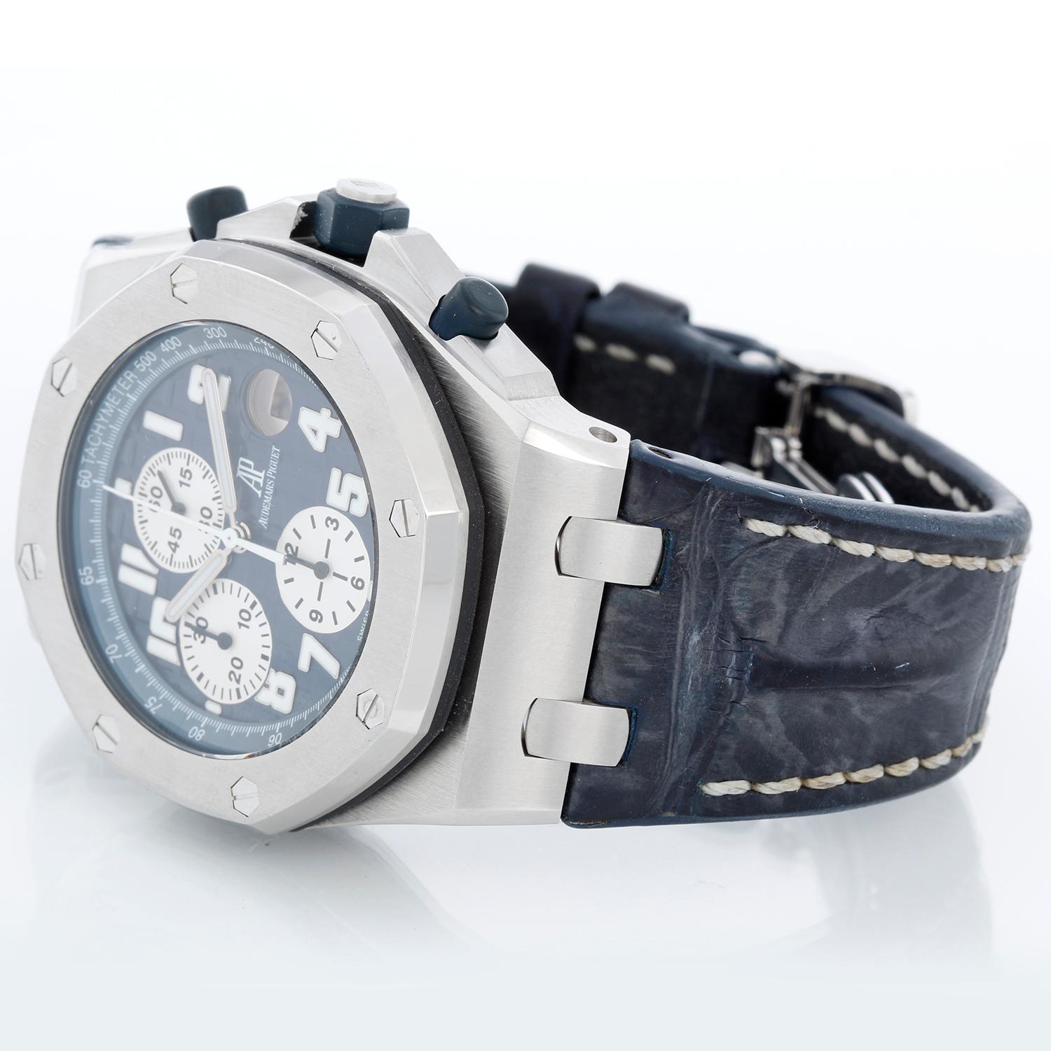 Audemars Piguet Royal Oak  Porto Cervo Men's Steel Watch 26188ST.00.D305CR.01 - Automatic Movement with Chronograph & Date. Stainless steel case (44 mm diameter). Blue waffle dial. Blue Audemars Piguet strap with Audemars Piguet stainless steel