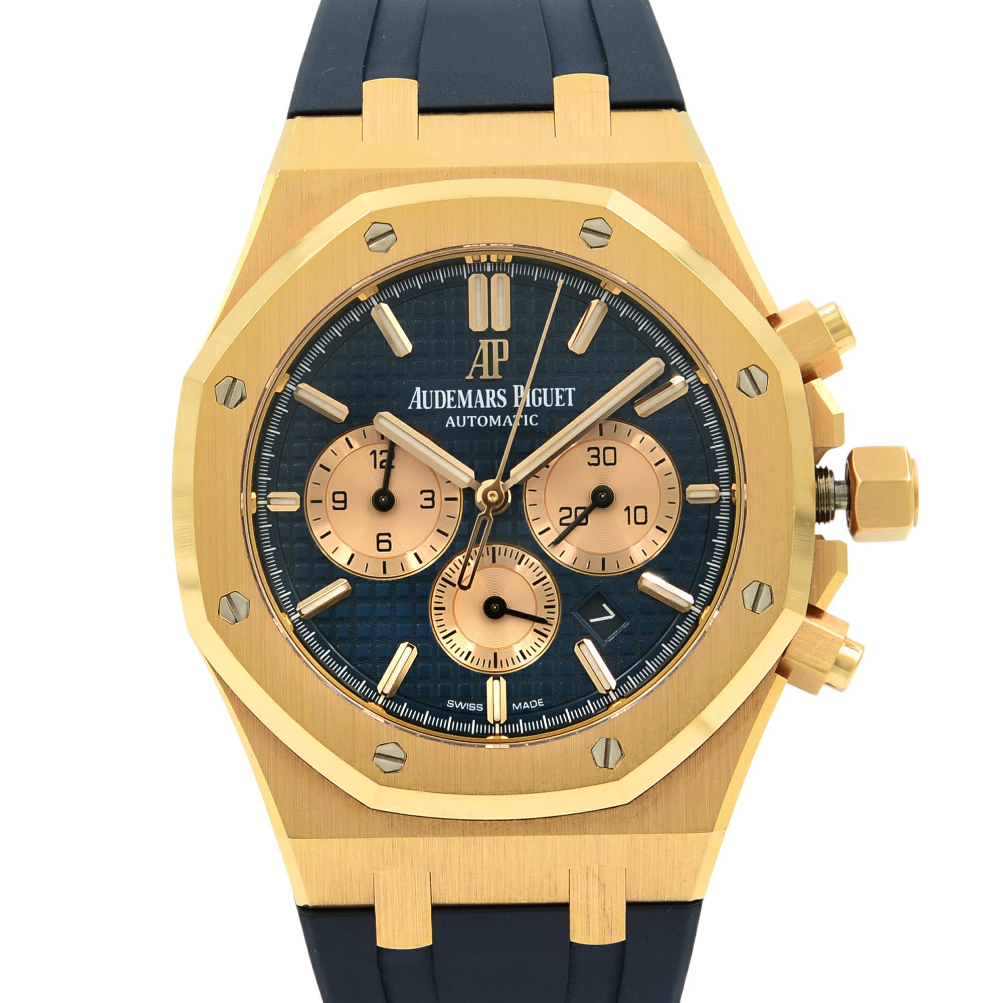 This pre-owned Audemars Piguet Royal Oak 26331OR.OO.D315CR.01 is a beautiful men's timepiece that is powered by an automatic movement which is cased in a rose gold case. It has a octagonal shape face, chronograph, date, small seconds subdial dial