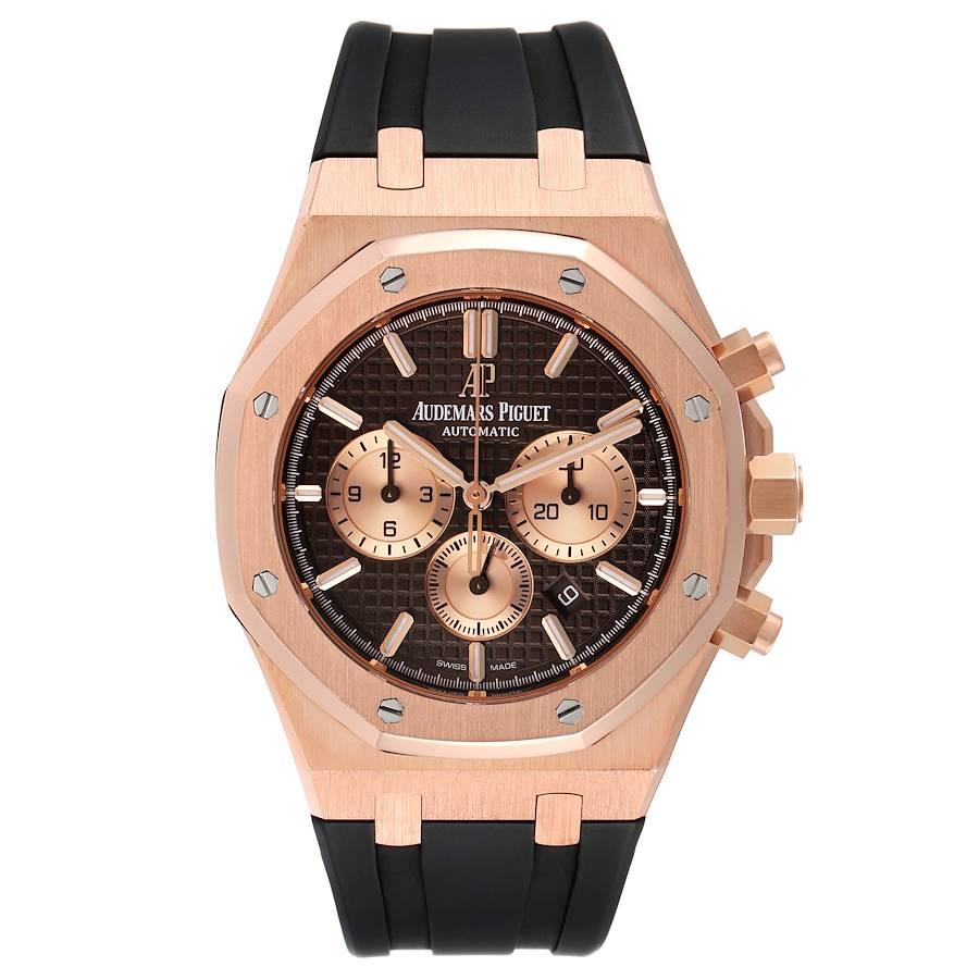 Audemars Piguet Royal Oak Rose Gold Chronograph Mens Watch 26331OR Box Card. Automatic self-winding chronograph movement. 18k rose gold octagonal case 41 mm in diameter. Case thickness: 11. mm. Solid case back. 18k rose gold bezel punctuated with 8